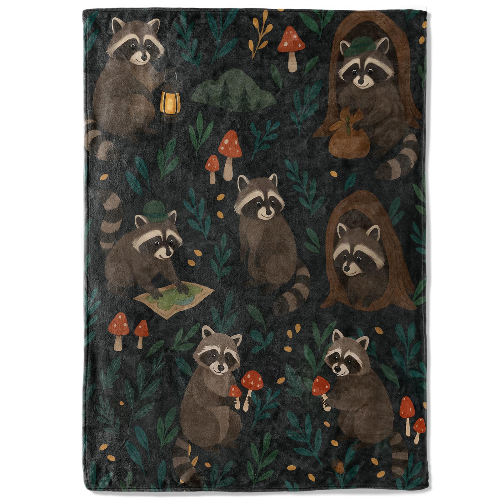 coedoaes Camping Raccoon Fleece Blanket,60x80in,Cute Forest Map Mushroom Lantern Throw Blankets,Soft Cozy Lightweight, Ideal for Bed Living Room Home