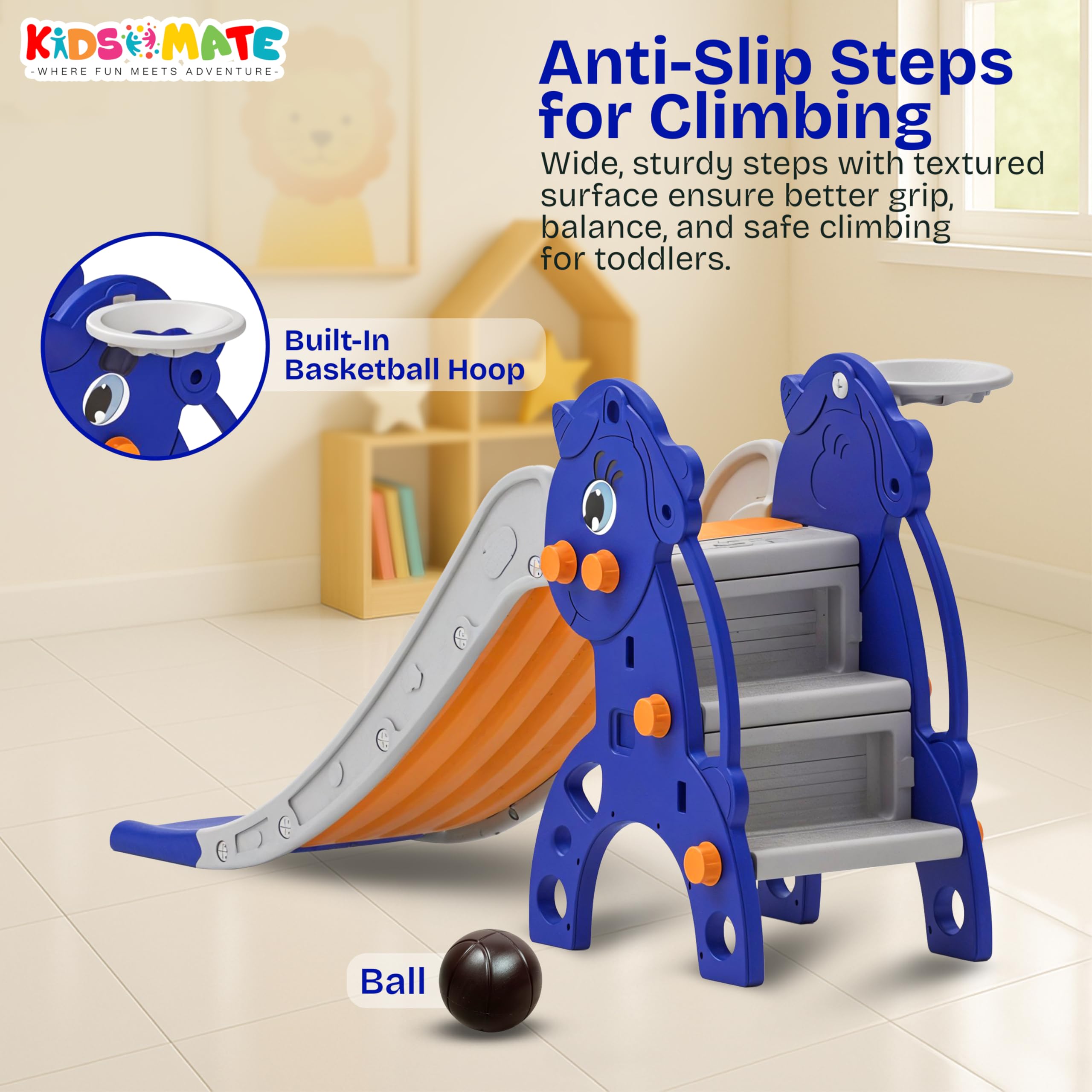 Kidsmate Unicorn Slide for Kids with Basketball Hoop | Baby Slides Indoor Outdoor Playset for Kids 2 Years+ | Safe & Sturdy Slider Toy | Fun Activity Children Sliding for Boys & Girls β Orange 2