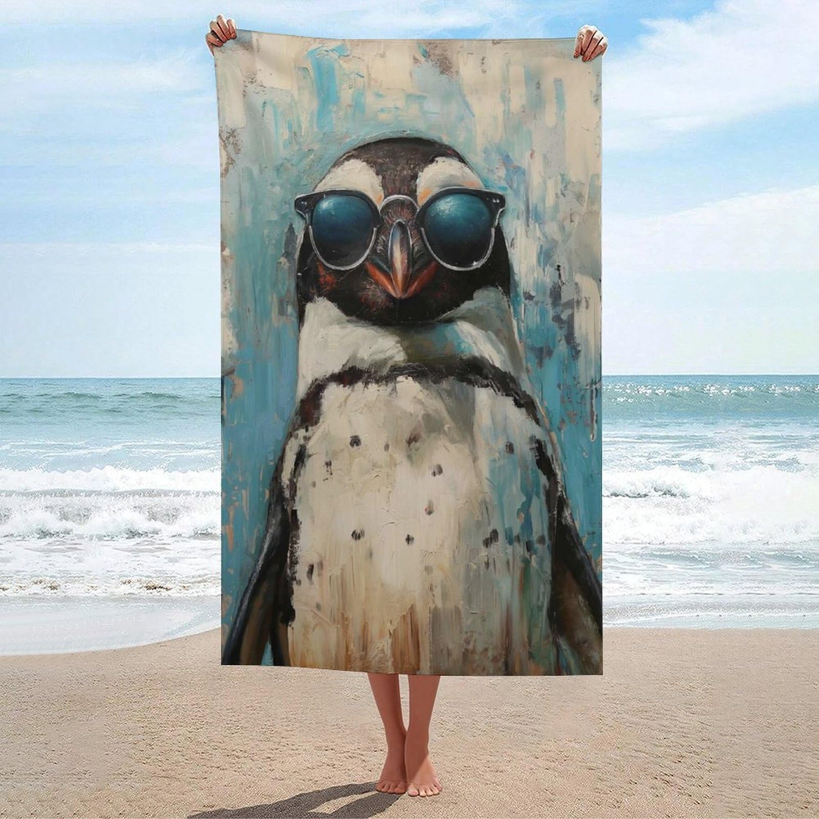 Serviette de plage absorbante imprimé pingouin grand format 130 x 80 cm