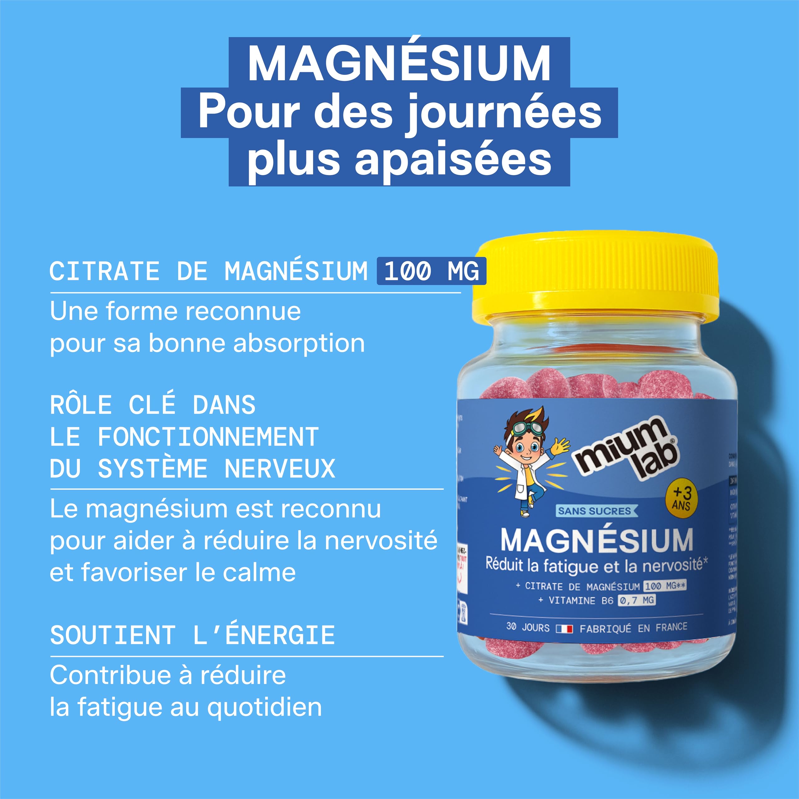 MIUM LAB – Gummies Magnésium Enfant 100mg Citrate + Vitamine B6 – Système Nerveux, Fatigue & Fatigue – Complément Alimentaire Enfants – Sans Sucres – Fruits Rouges – 30 Jours - Lot de 3