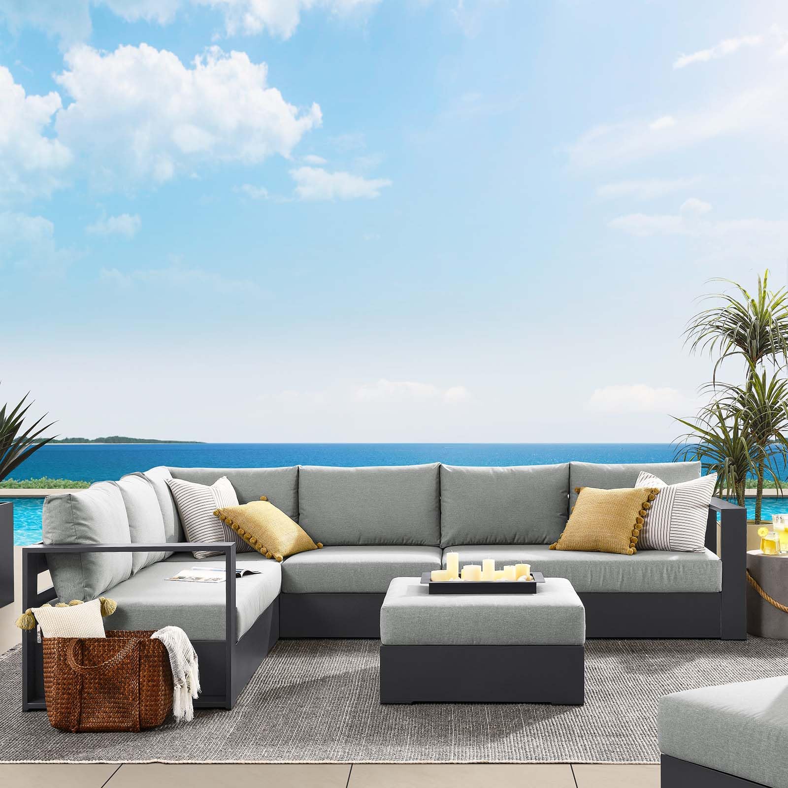 Modway Tahoe Aluminum 5-Piece Outdoor Patio Furniture Gray, Modular Sectional Sofa Set with Weather-Resistant Cushion and Ottoman, Ideal for Deck,