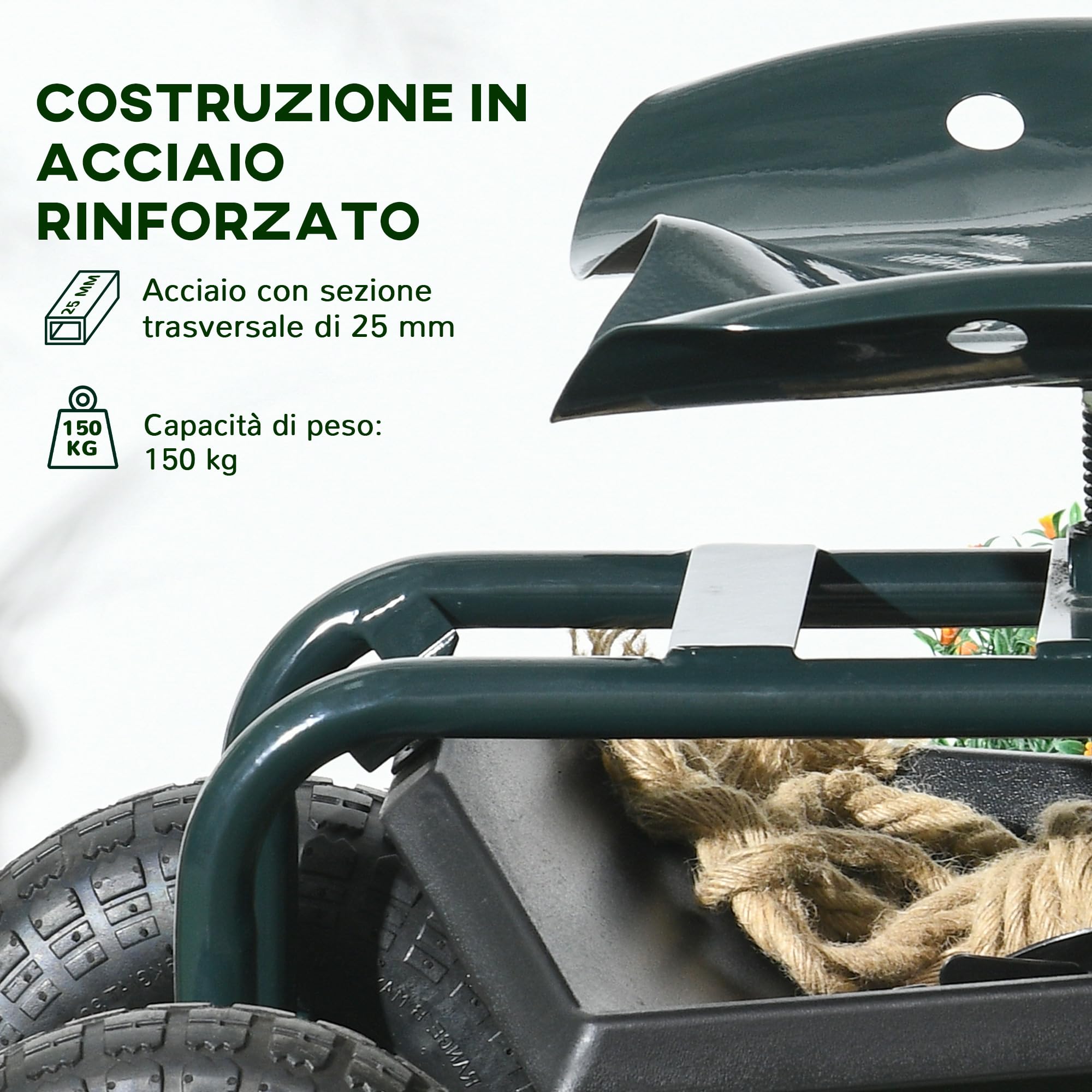 Outsunny Carrello da Giardino con Sedile Regolabile in Altezza e Vassoio Inferiore Porta Attrezzi, Sgabello da Giardinaggio con Ruote Grandi, per Esterno, Patio e Giardino, Verde Scuro