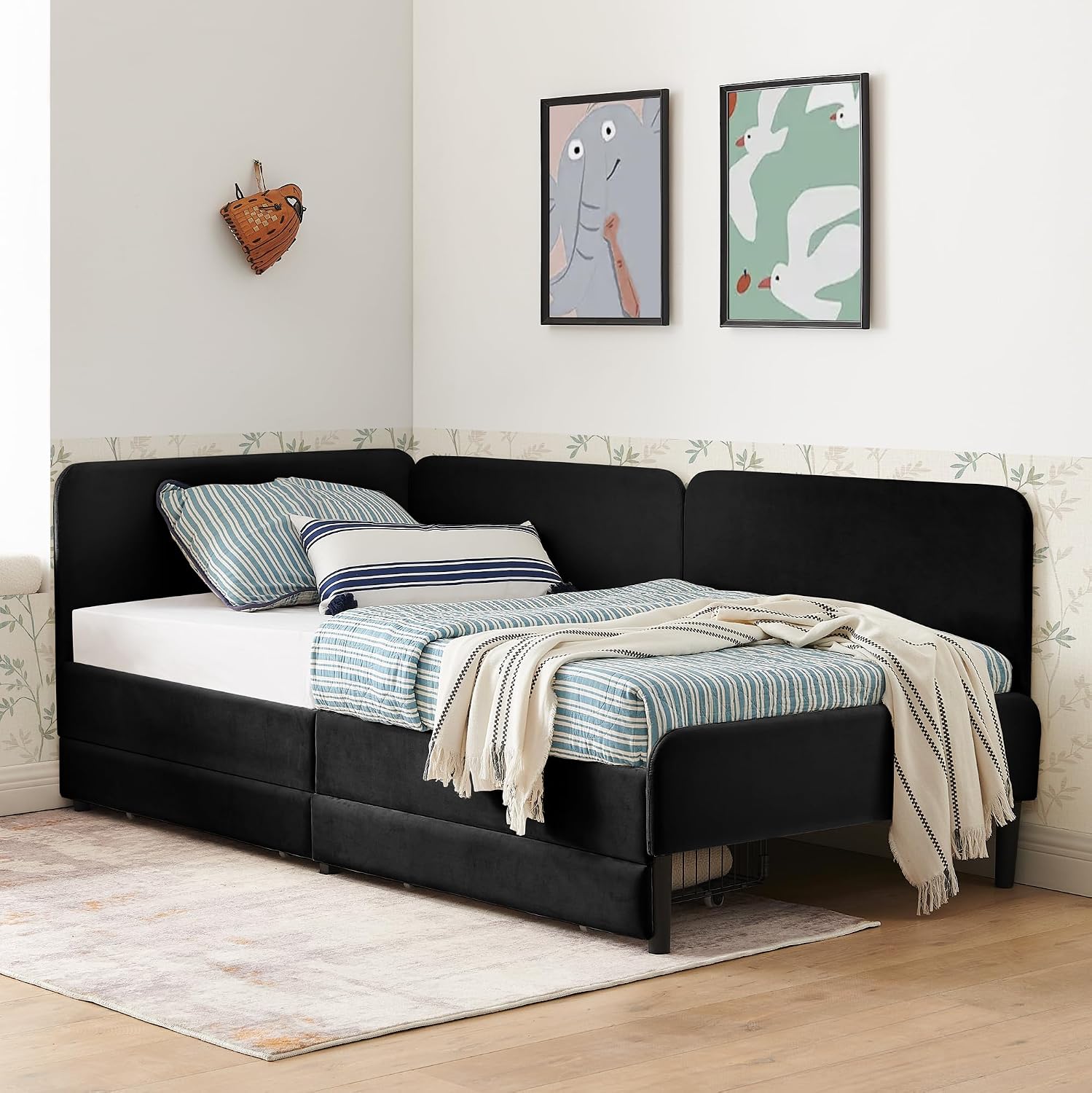 Ball & Cast Twin Size Daybed with 2 Storage Drawers, Velvet Day Bed Frame with Head Board & Slats Support,L Shaped Corner Sofa Bed for Living Room,Bedroom,Black