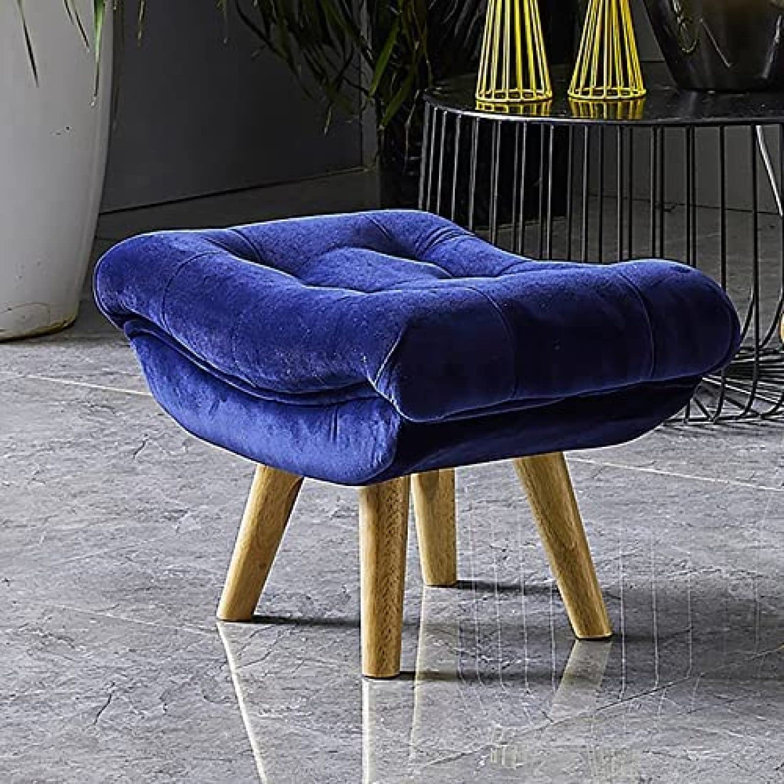 Otomana De Terciopelo Curvado con Mechones, Taburete De Mediados De Siglo con Patas De Madera, Banco De Reposapiés Acolchado Suave, Felpa Decorativa,Azul Marino,60X35X30Cm(24X14X12Inch)