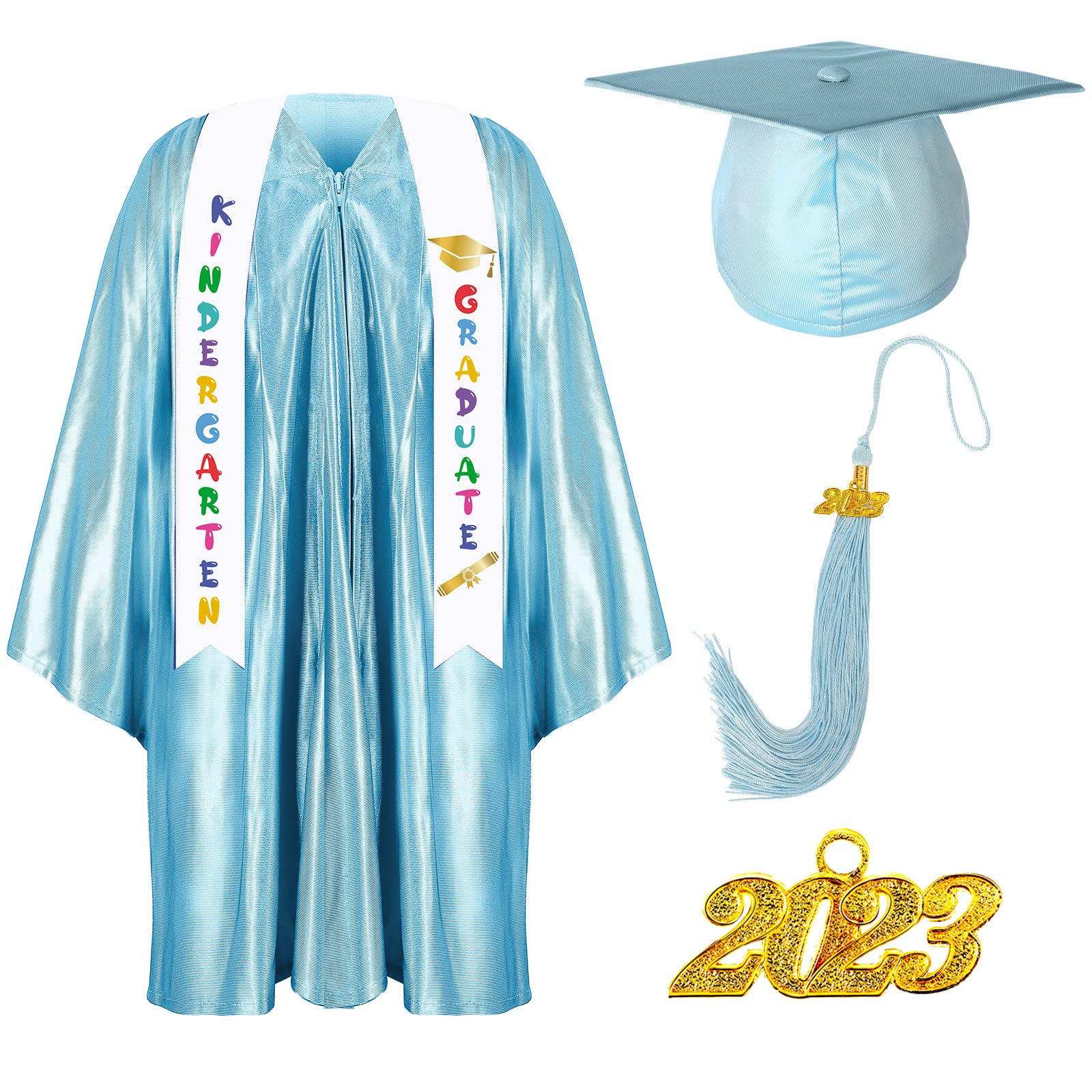 Foaincore2023 Year Preschool and Kindergarten Graduation Gown Cap Tassel Set with 2023 Charm Printed Stole for Kid Grad Gift