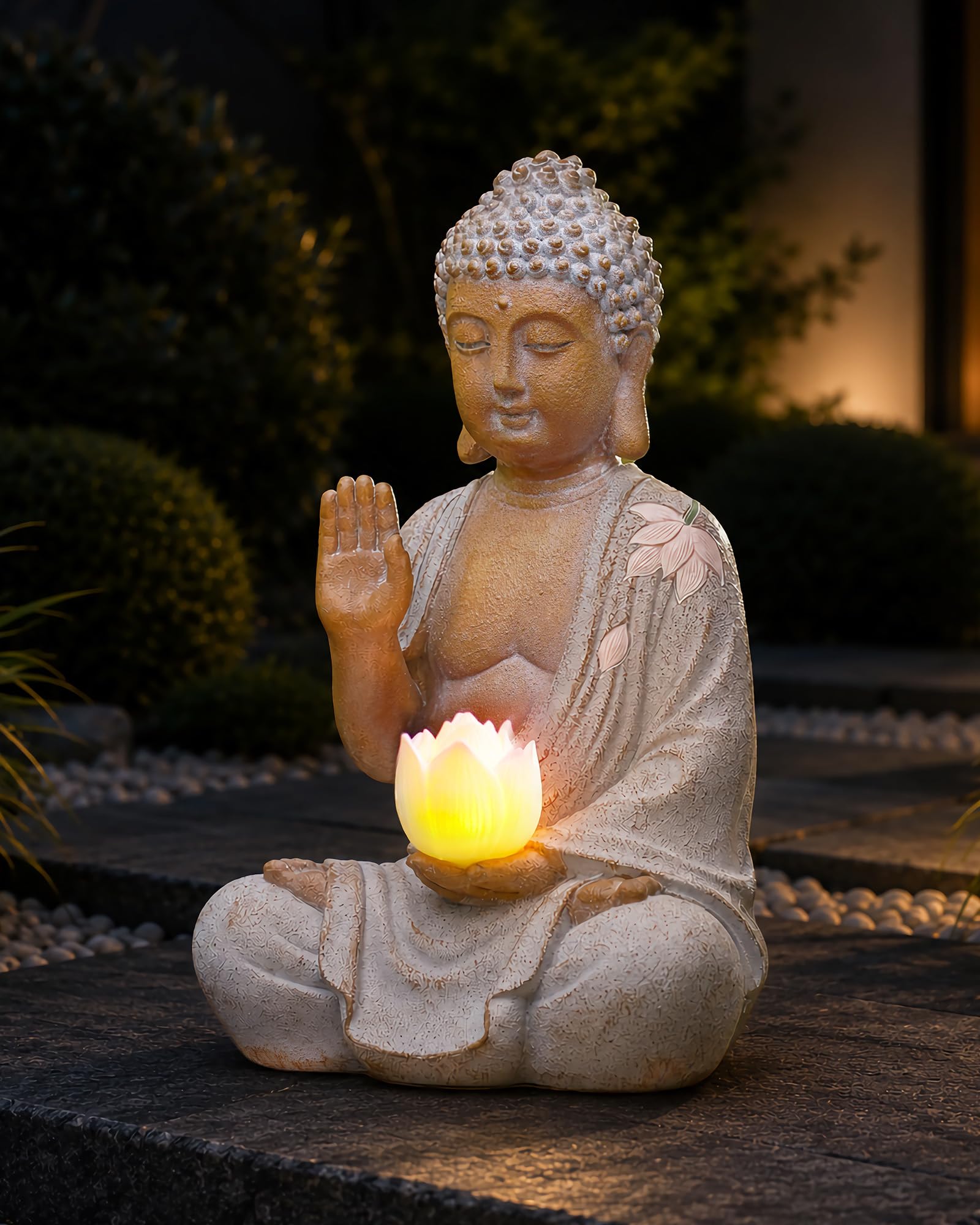 Yeomoo Statue de Bouddha avec LED solaire Lotus Décoration de jardin - Figurine de méditation résistante aux intempéries pour jardin Zen, salon Feng Shui, cadeau spirituel pour femmes, maman, hommes