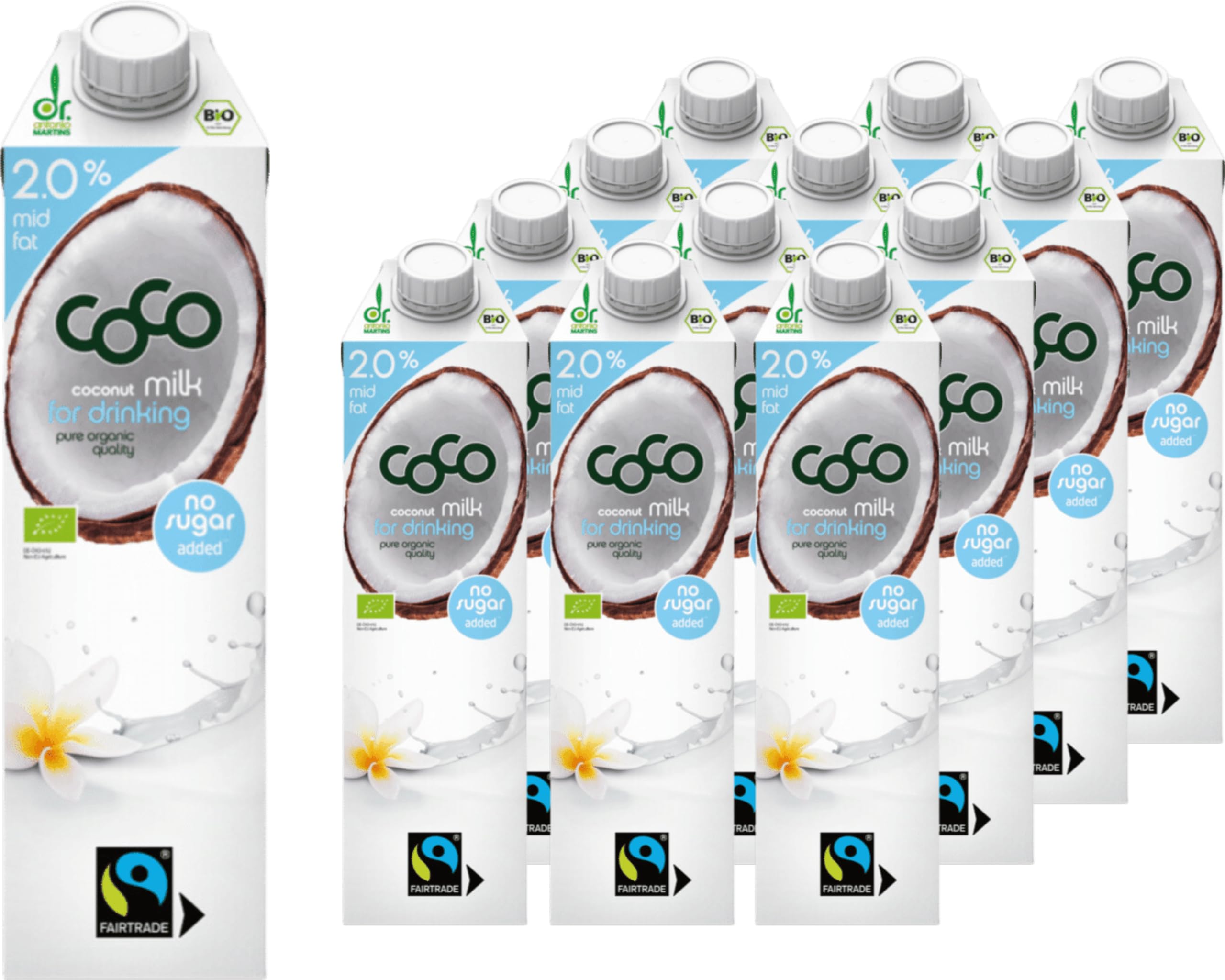 Dr. Antonio Martins - Coco Milk for Drinking mit 2,0% Fett I Leckere Milch Alternative I Ohne Zuckerzusatz | Vegan | Bio | FAIRTRADE (12x 1000 ml)