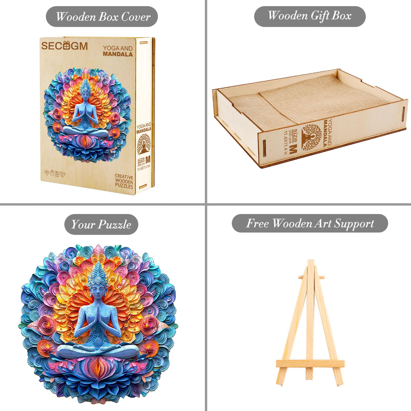Puzzles en bois pour adultes – Puzzle en bois mandala de yoga – Puzzle unique en forme d'animal en bois découpé – Décoration écologique pour la maison et le bureau (M-29 x 30 cm)