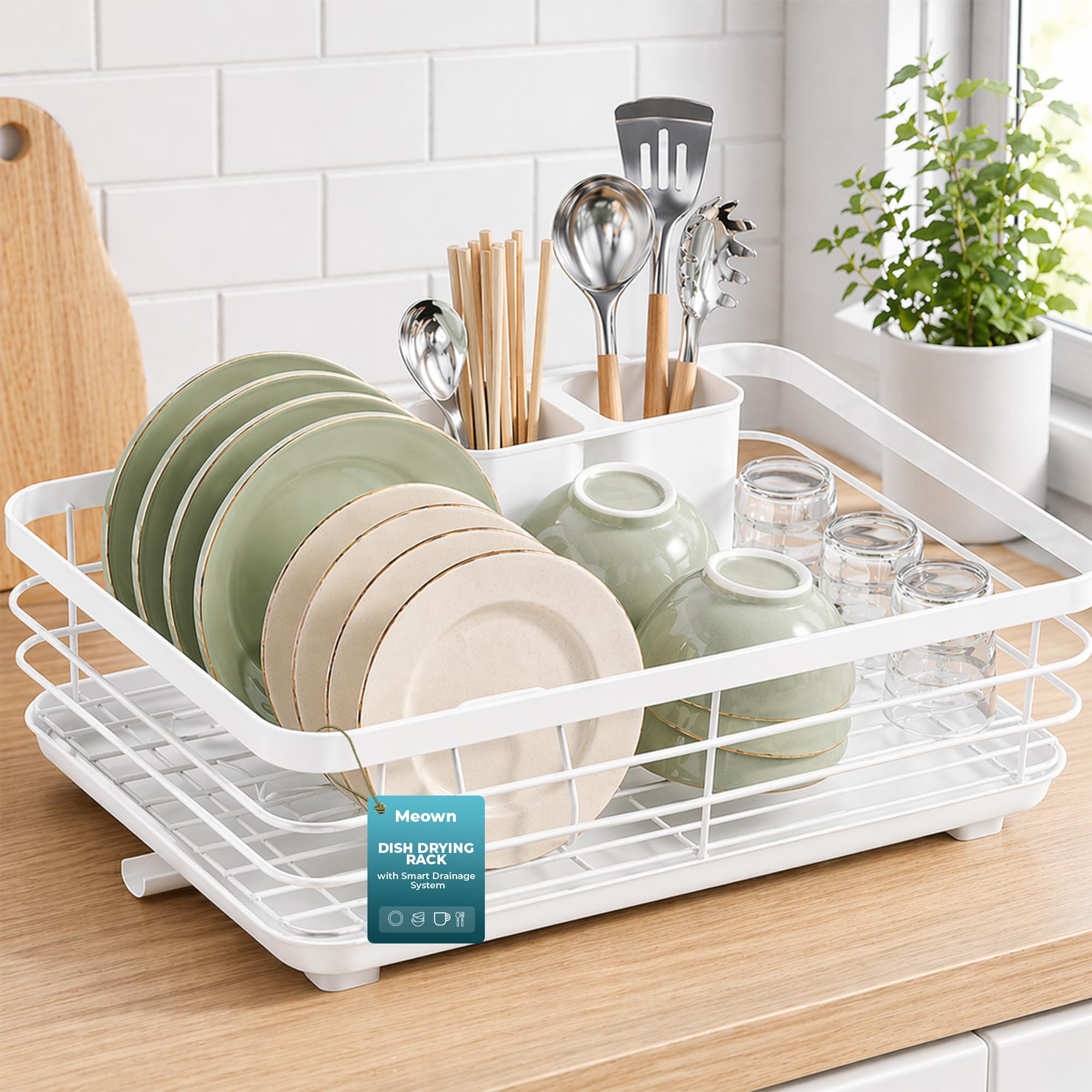 Meown Dish Drying Rack Single Tier with Drainage Spout, Kitchen Dish Drainer Rack with Cutlery Holder and Cup Holder, Space Saving Dish Rack for Kitchen Counter, Plate Rack Draining Board (White)