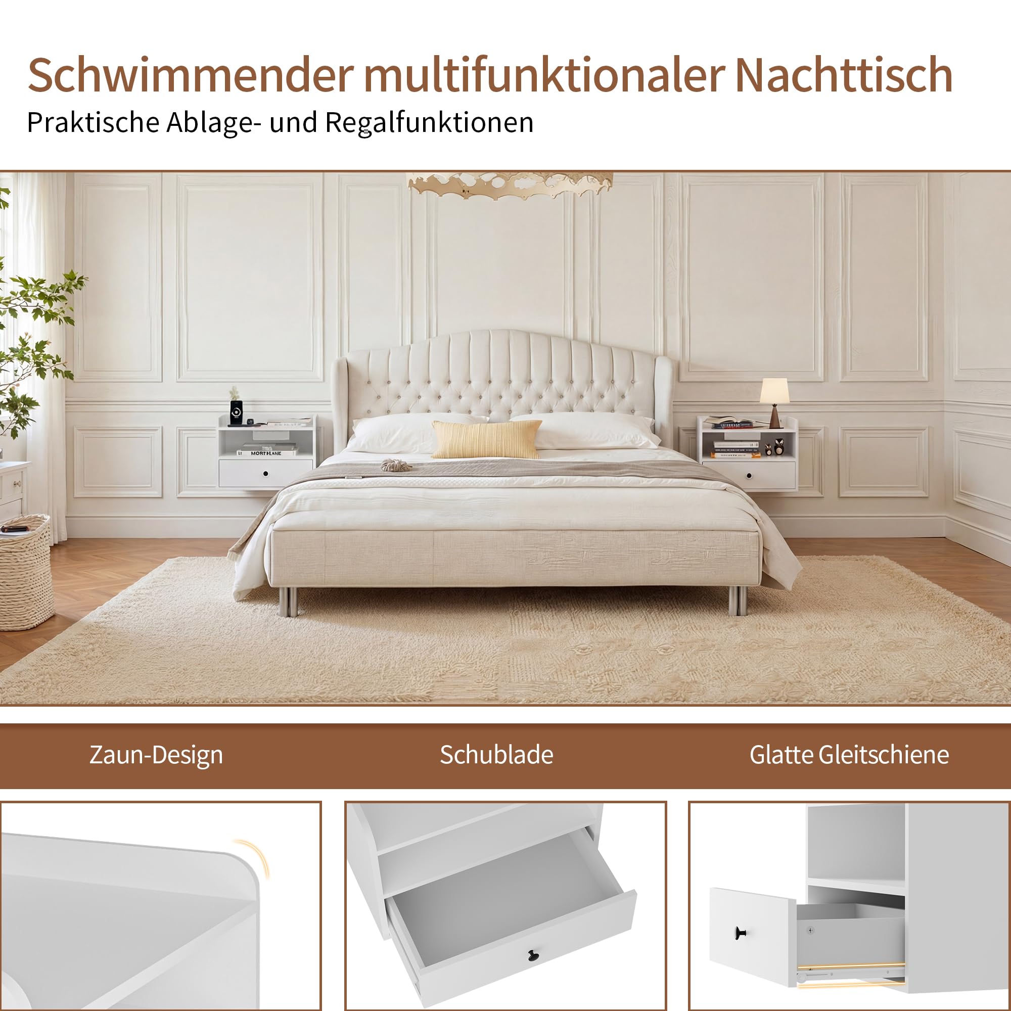 BonVache Nachttisch Hängend 2er Set, Nachttische Wandmontage mit Offener Raum und Schubladen, Steckdosen und Schnittstellen, Modern, für Wohnzimmer, Schlafzimmer, Weiß