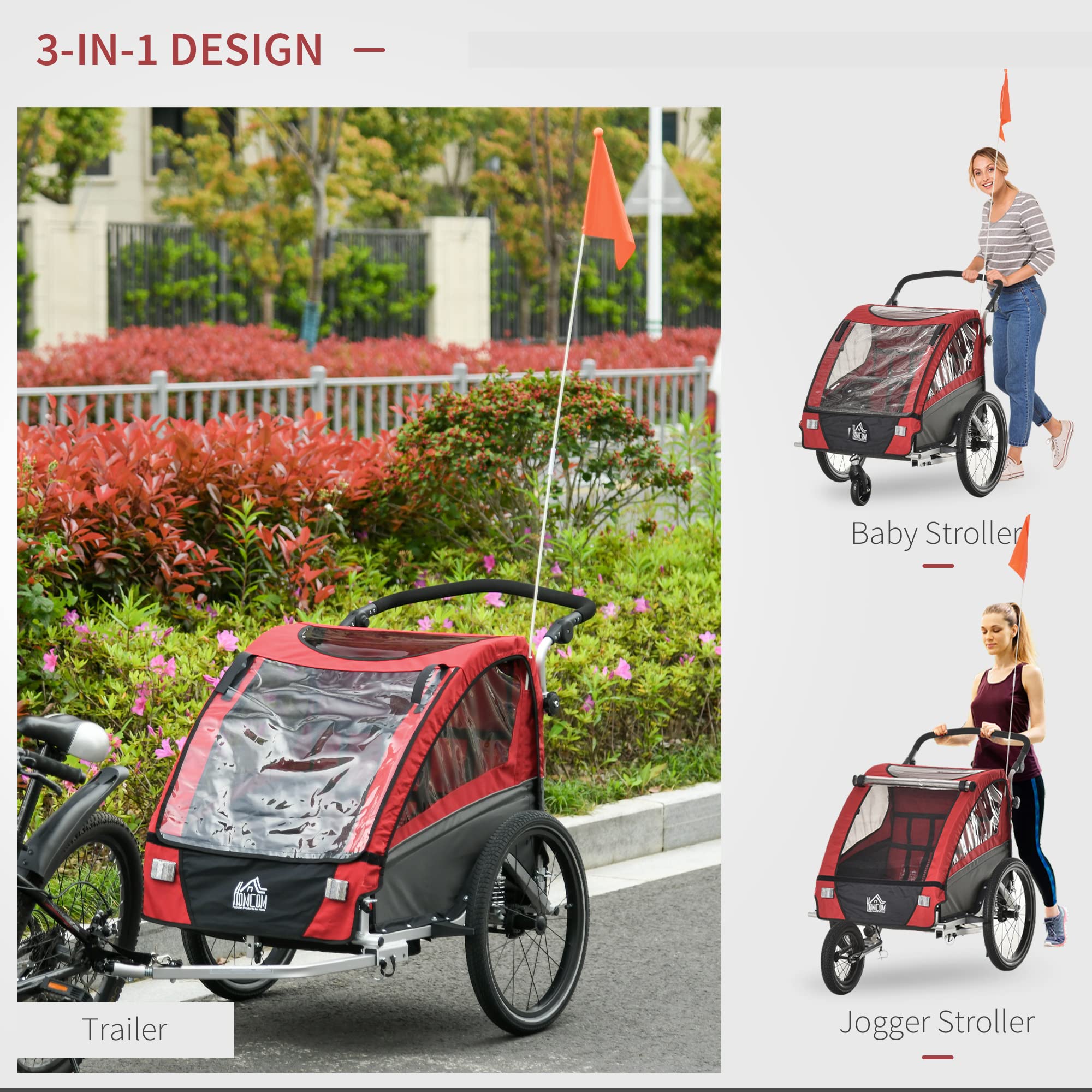 HOMCOM 3 in 1 Kinderanhänger Aluminium Kinder Jogger Fahrradanhänger Radanhänger für 2 Kinder mit Schwingungsdämpfungssystem Aufbewahrungstasche Verstellbarer Lenker