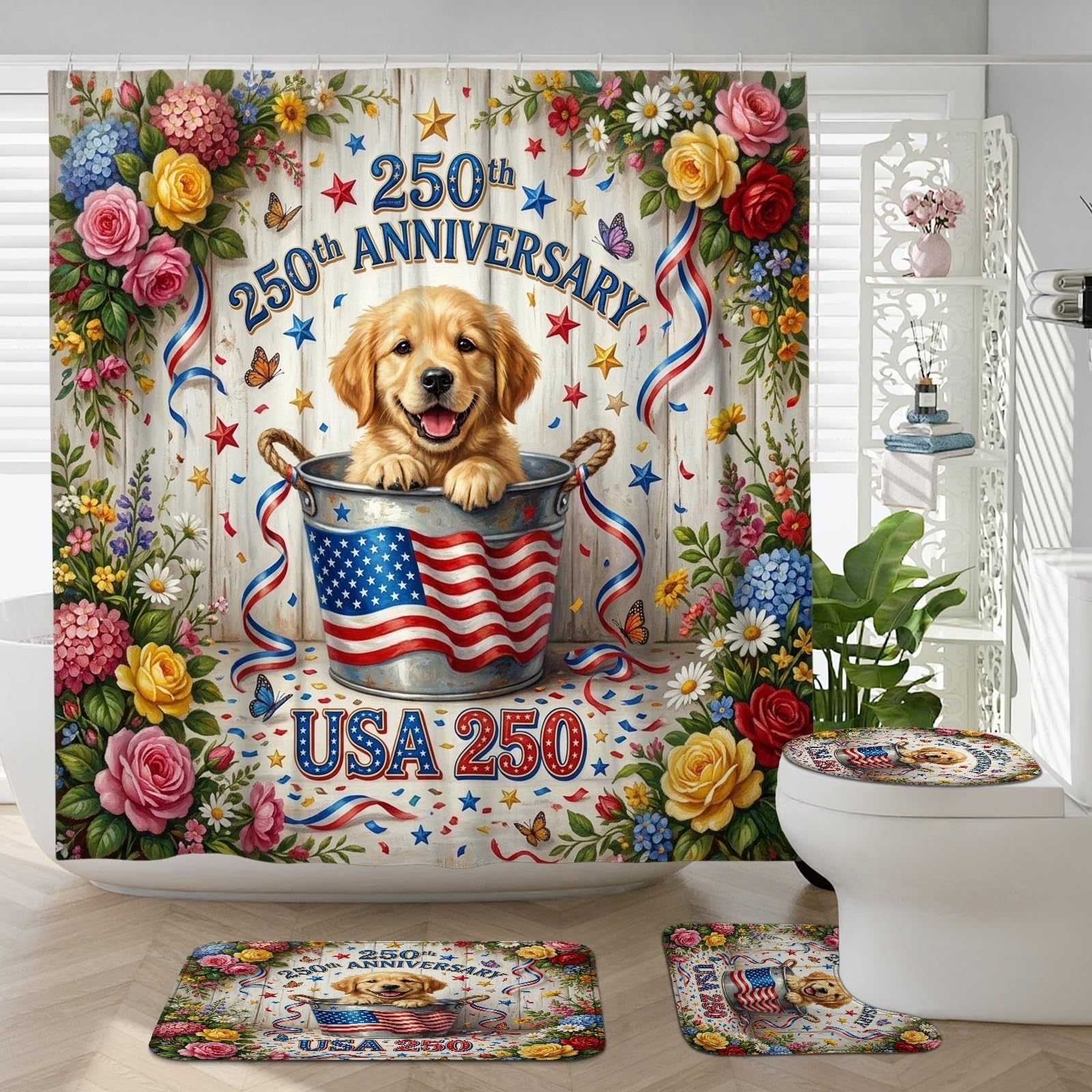 Rideau de douche Golden Retriever style bucolique avec tapis assortis pour salle de bain familiale