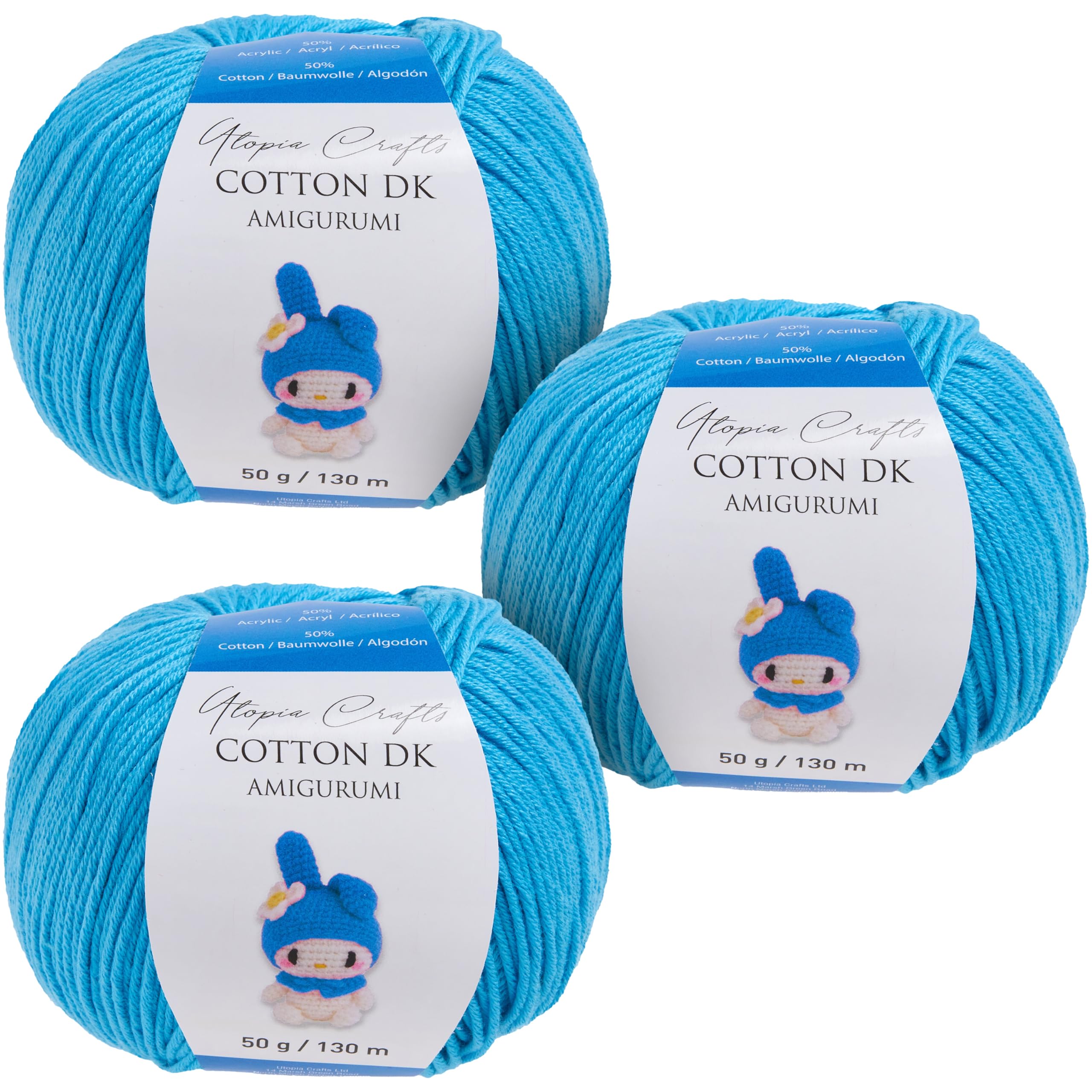 Utopia Crafts Amigurumi Cotton DK Yarn for Crochet and Knitting 50% Cotton, 50% Acrylic Blended, 3X 50g (Medium Blue)