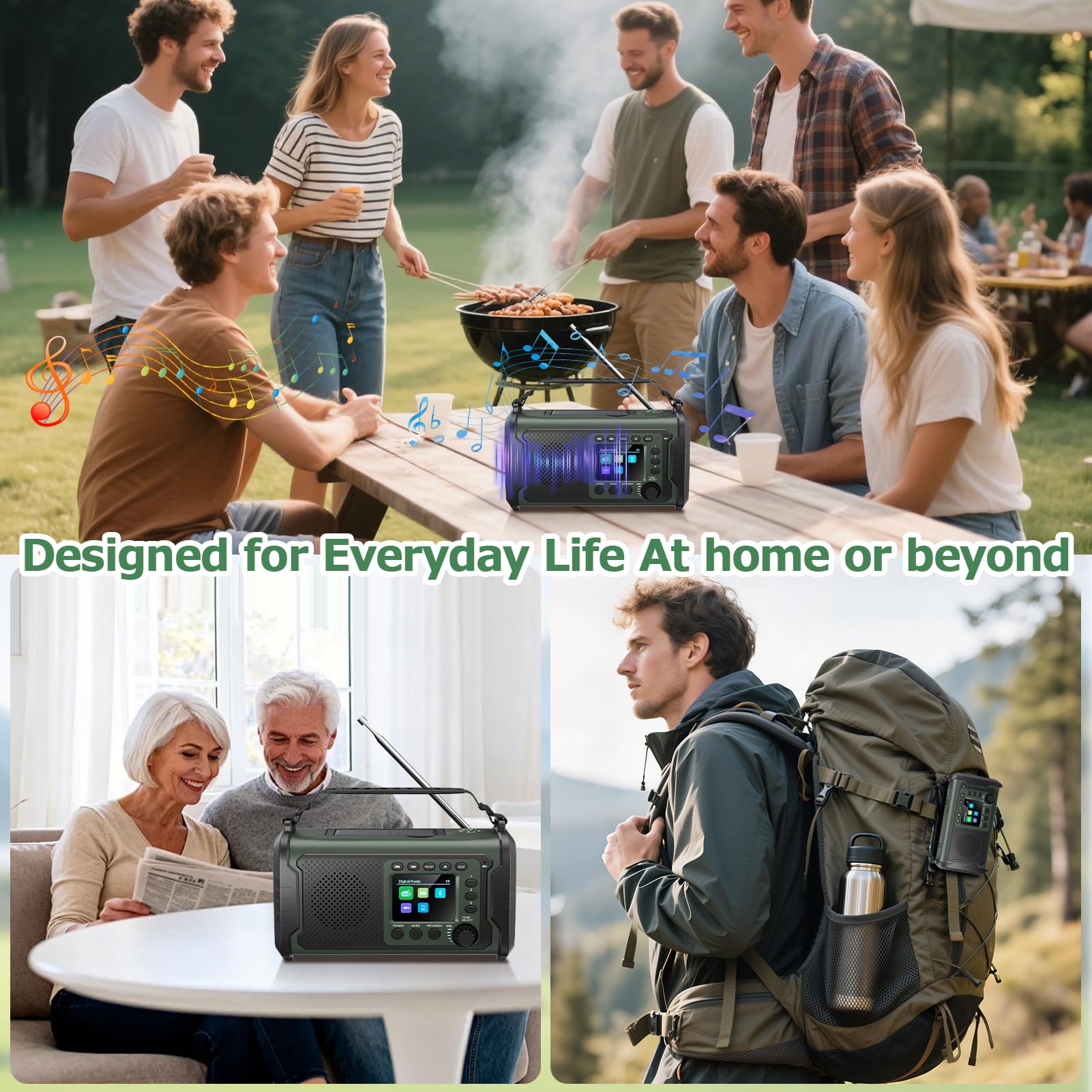 Radio de Emergencia Dab/Dab+ 27000 mAh con Manivela, Solar y Bluetooth 5.3 | Power bank, carga USB, SOS, linterna, luz lectura y brújula, para apagones, camping, autocaravana, Verde Militar