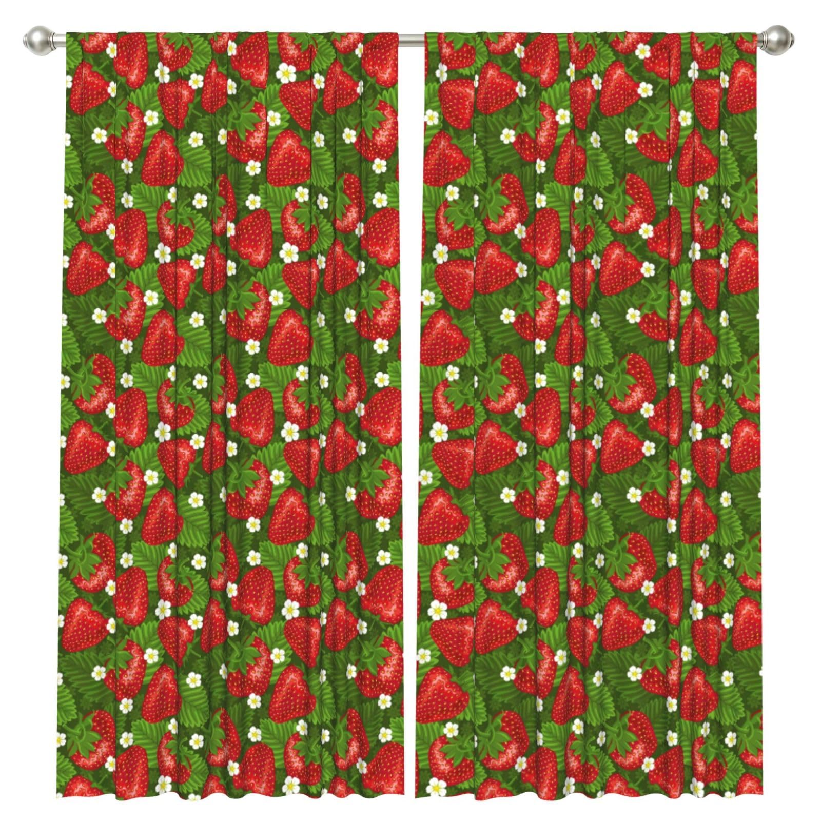 InOmak Strawberry And Flower, 2 Panels Window Curtains 52 x 84 Inch Blackout Curtains for Living Room Bedroom