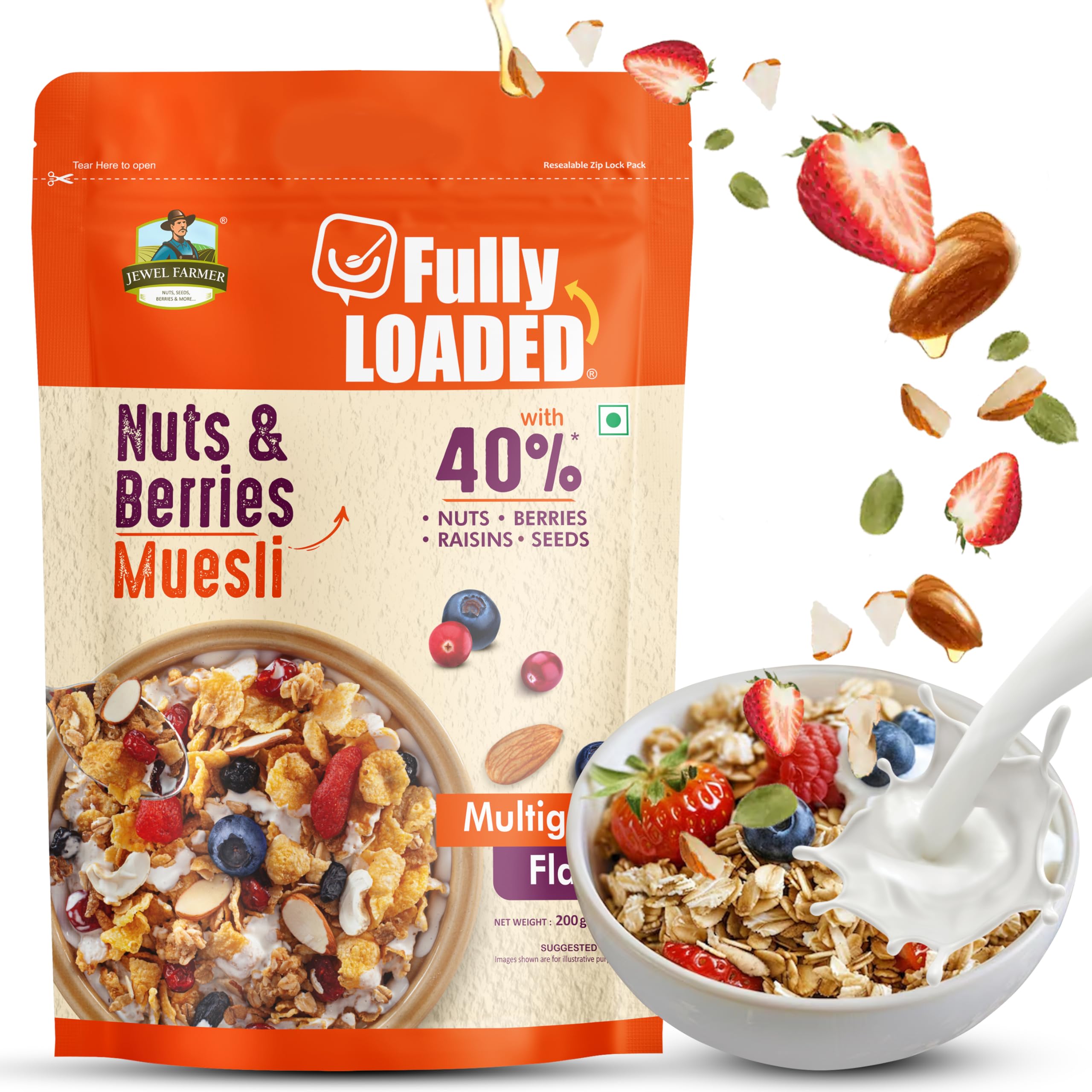 Jewel Farmer Fully Loaded Nuts & Berries Muesli 200g Source of Rich Nutrients, Multiminerals & Vitamins with Nuts | Berries | Seeds & Raisins