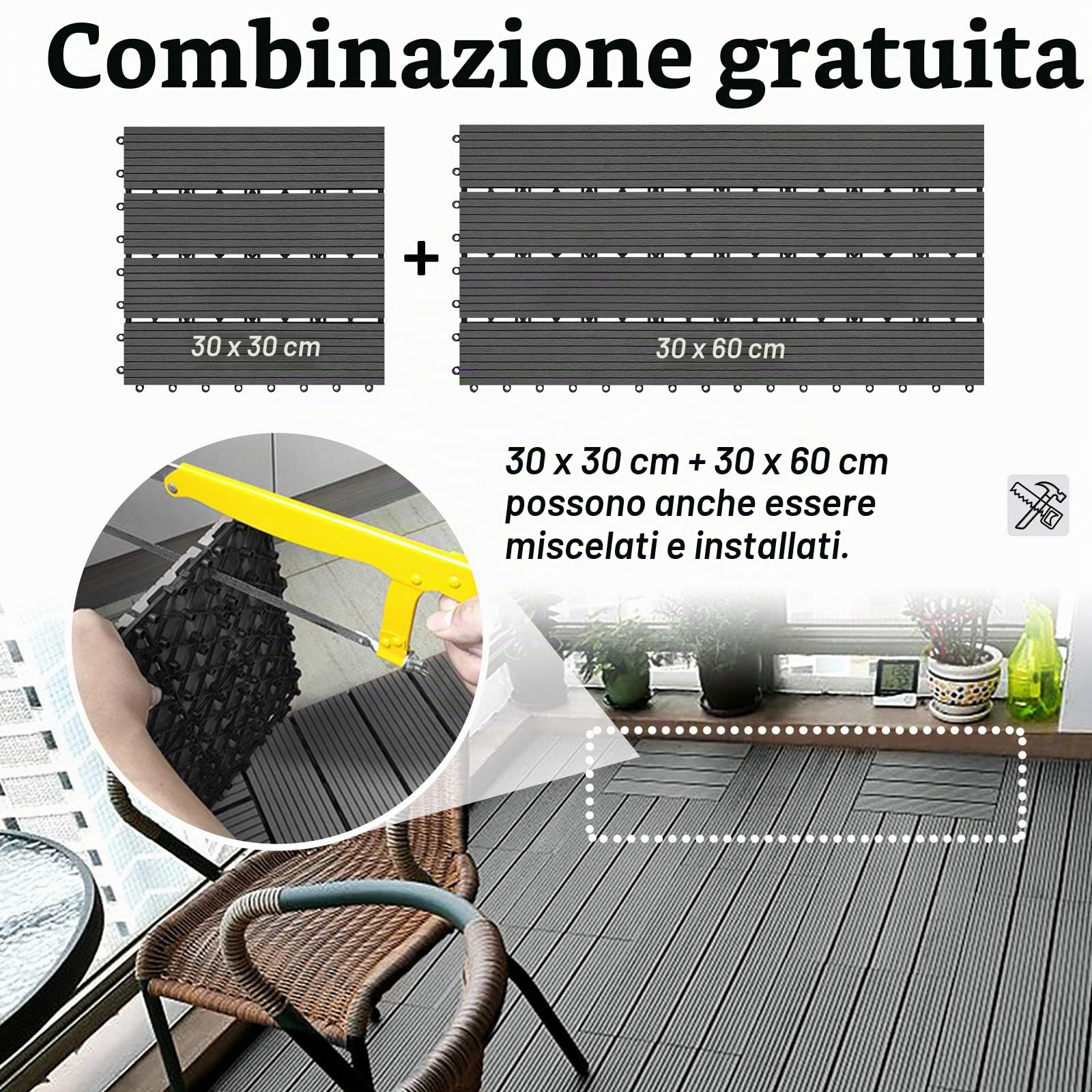 UISEBRT 6 piastrelle per terrazze, in WPC, 30 x 60 cm, effetto legno, con drenaggio (6 pezzi, 30 x 60 cm, 1 m², antracite)