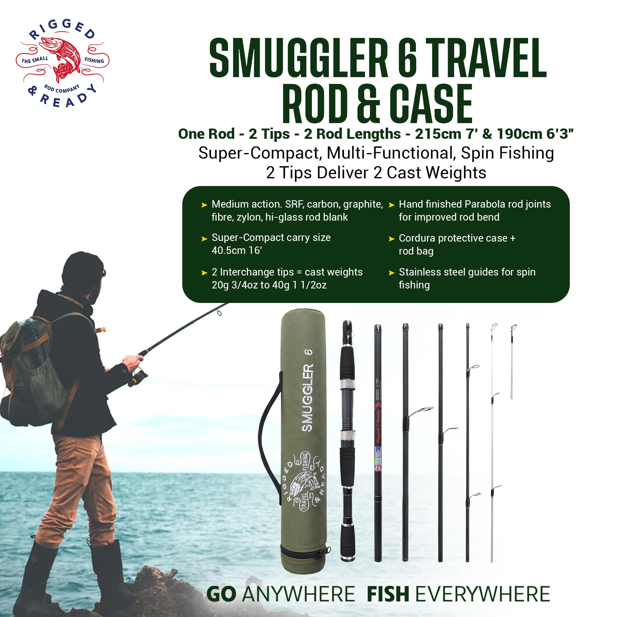 Rigged & Ready Smuggler 6 Canne à pêche de Voyage Nano Carbon 209 cm Kit de pêche Complet