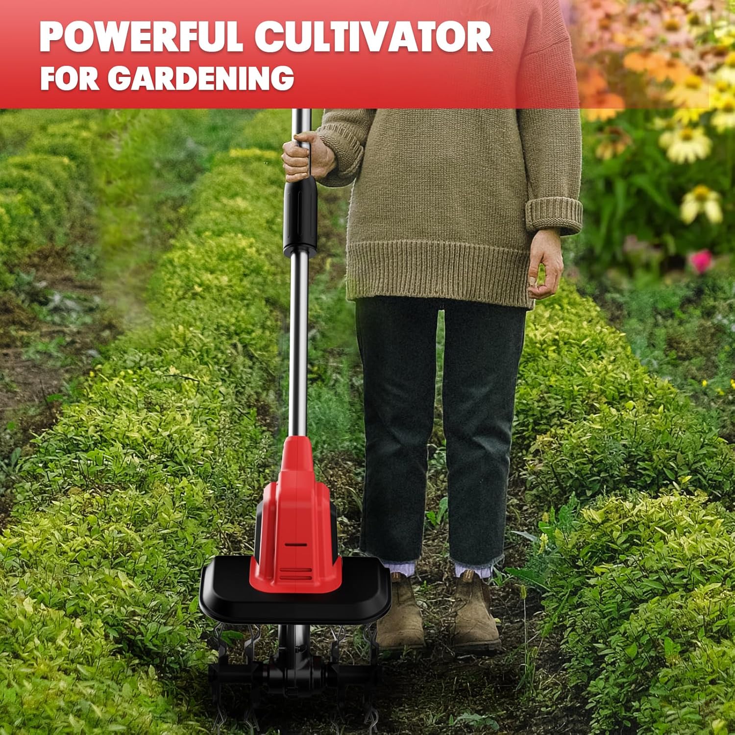 MaxMore Cordless Tiller Cultivator Compatible with Milwaukee 18V Battery (Tool Only), Electric Garden Rototiller with 48 Steel Tines, 8.7 Tilling Width, 6.3 Depth for Gardening, Soil Turning