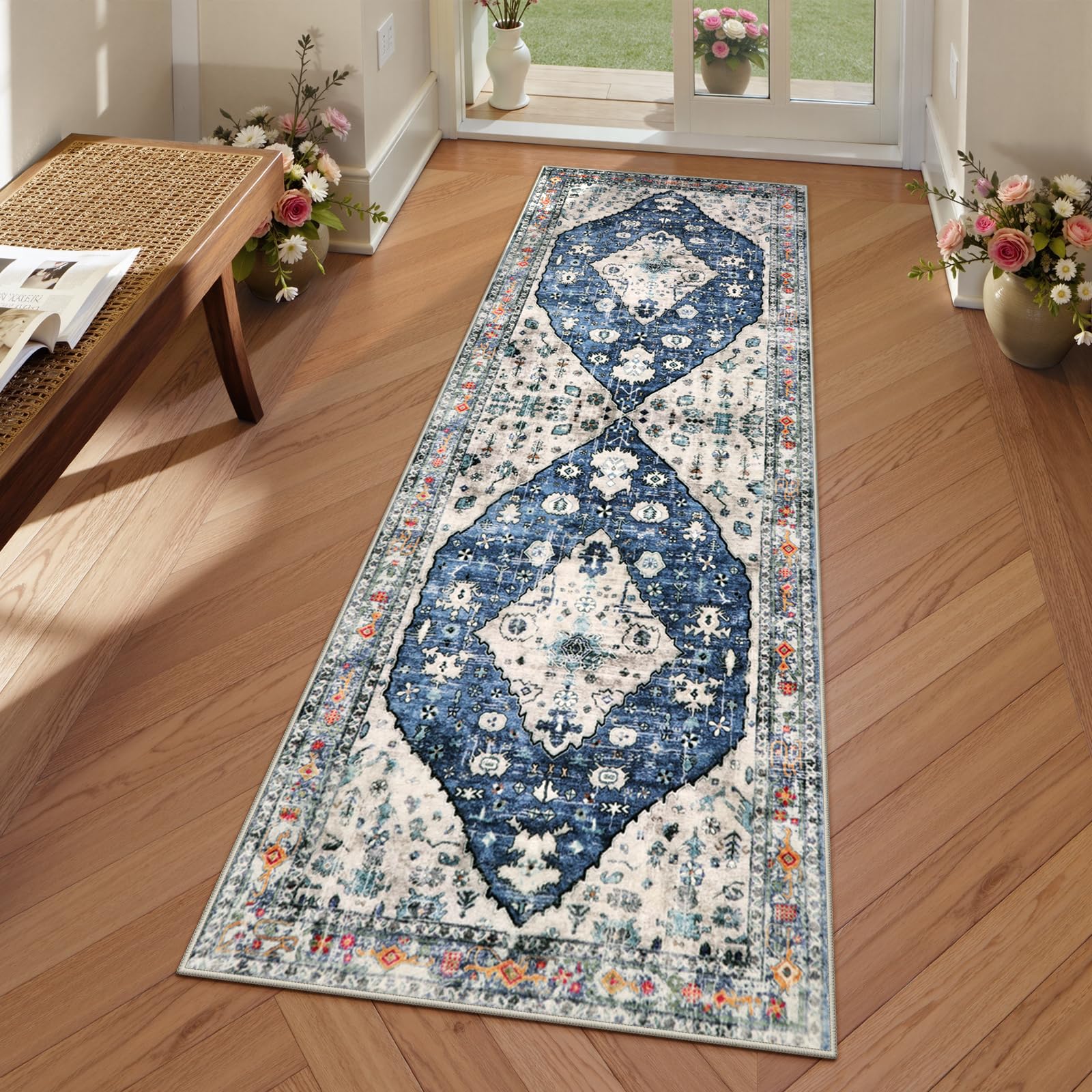Lahome Boho Tribal Runner Rug - 2x6 Kitchen Rug Runner for Living Room Entryway Mat, Turkish Soft Washable Non Slip Throw Office Carpet Runner for Bathroom Sunroom Mudroom Foyer, Blue