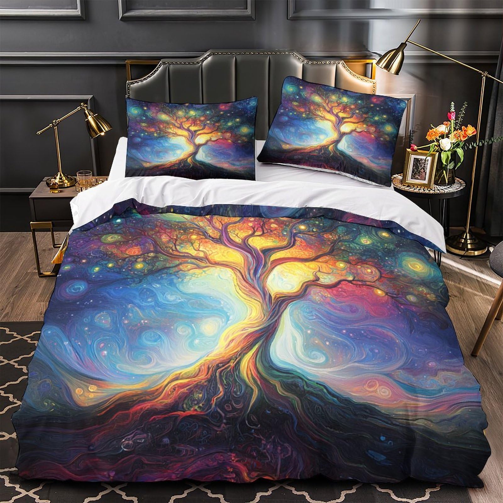Housse de couette 220x240cm Arbre Cosmique en microfibre haut de gamme inaltérable déco King