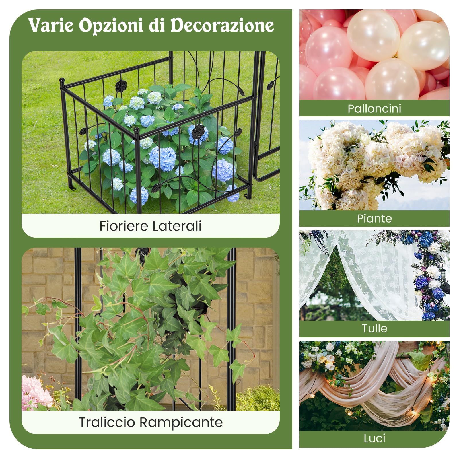 COSTWAY Arco da Giardino, Pergolato in Metallo con Cancello Bloccabile e Fioriere Laterali, Arco per Piante Rampicanti e Viti da Uva, Decorazione per Cerimonia Matrimoniali