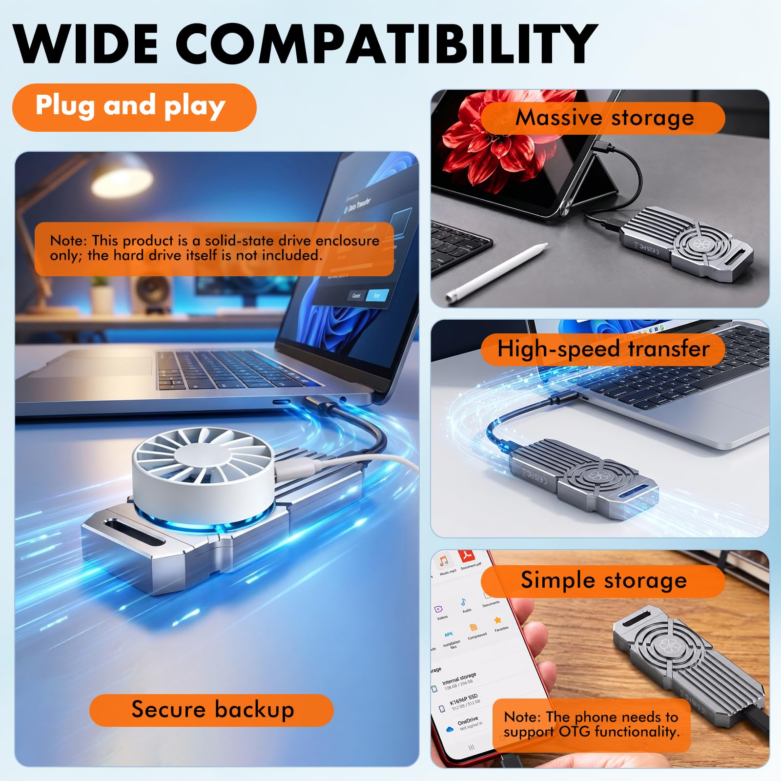 NVMe M.2 USB 4.0 SSD adapter obudowy z wentylatorem, aluminiowa obudowa, kompatybilny wstecznie z USB 3.2, maks. 8 TB na dysk, nadaje się do komputerów i smartfonów bez użycia narzędzi (srebrny