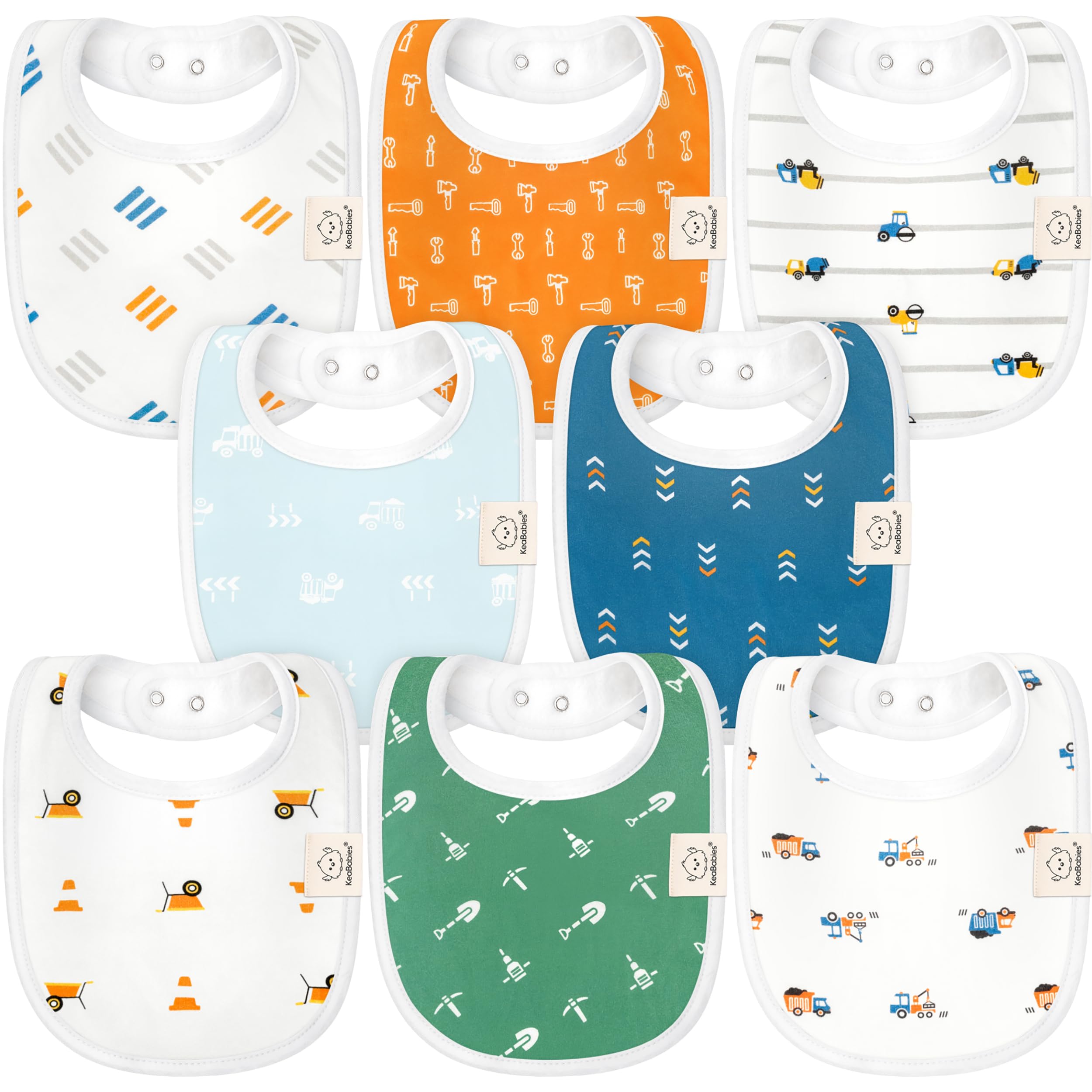KeaBabies8-Pack Organic Baby Bibs for Boys, Girls - Soft Cotton Drooling and Teething Bibs for Baby Girl & Boy, Extra Absorbent, Easy To Clean & Put On for Toddler, Newborn, Infant 0-24 Months (Builders)Global Organic Textile StandardGlobal Organic Textile StandardGlobal Organic Textile StandardGlobal Organic Textile Standard