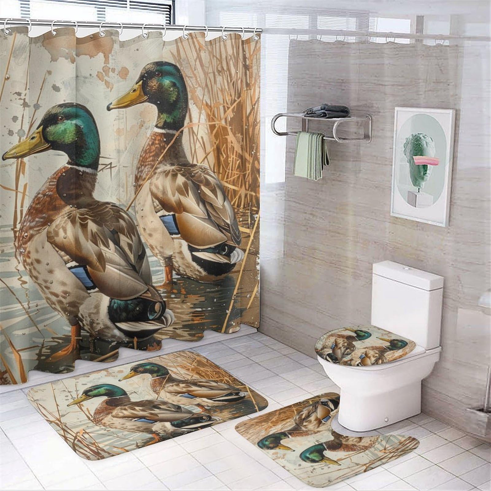 TOWINSFB 4Pcs Playful Animal Shower Curtain, Countryside Mallard Duck Lake Shower Curtain Sets with Toilet Lid Cover, U-Shaped Mat and Non-Slip Rugs,