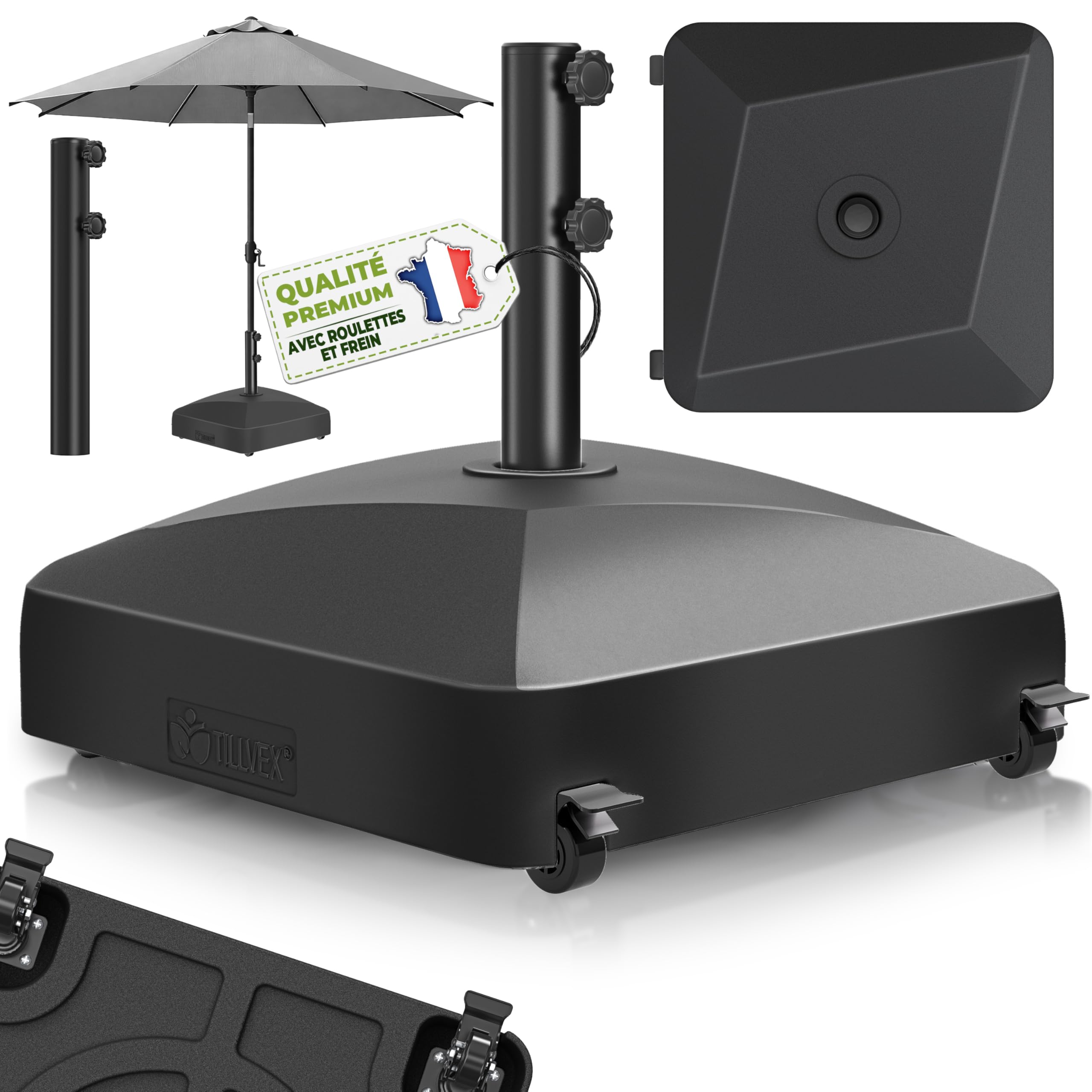 tillvex® Pied de Parasol GRAVIA à roulettes et Freins | Support de lestage Parasol à remplir 37L/56kg | Poids pour Parasol Droit et de marché Ø1,8-3,7m | Résistant aux intempéries et UV (Noir)