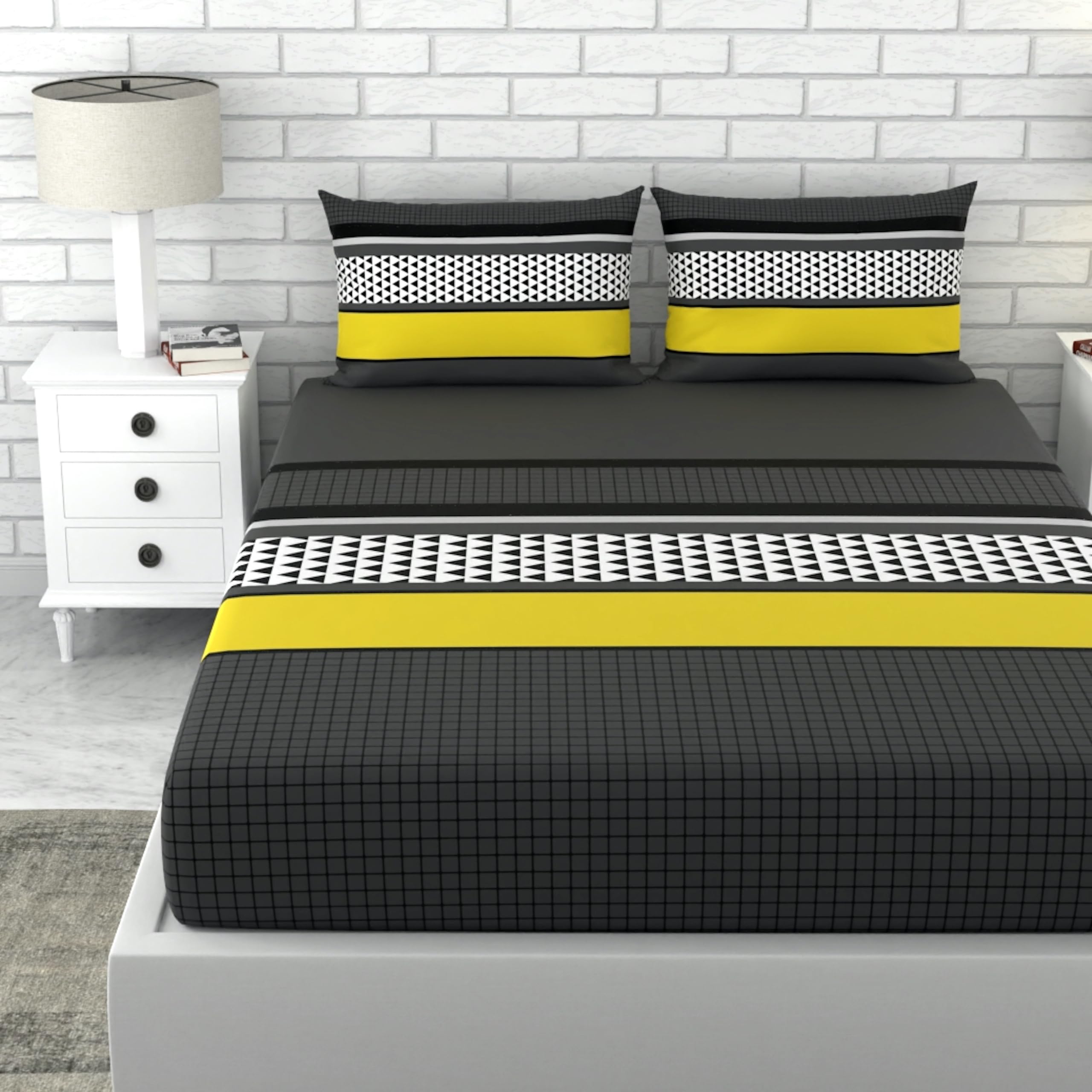 LORETO - A QUALITY LINEN BRAND 100% Pure Cotton Bedsheet for Double Bed, 144TC Soft & Breathable Double Bed Bedsheet with 2 Pillow Covers (Stone Gray and Yellow, 88 x 90 Inches)