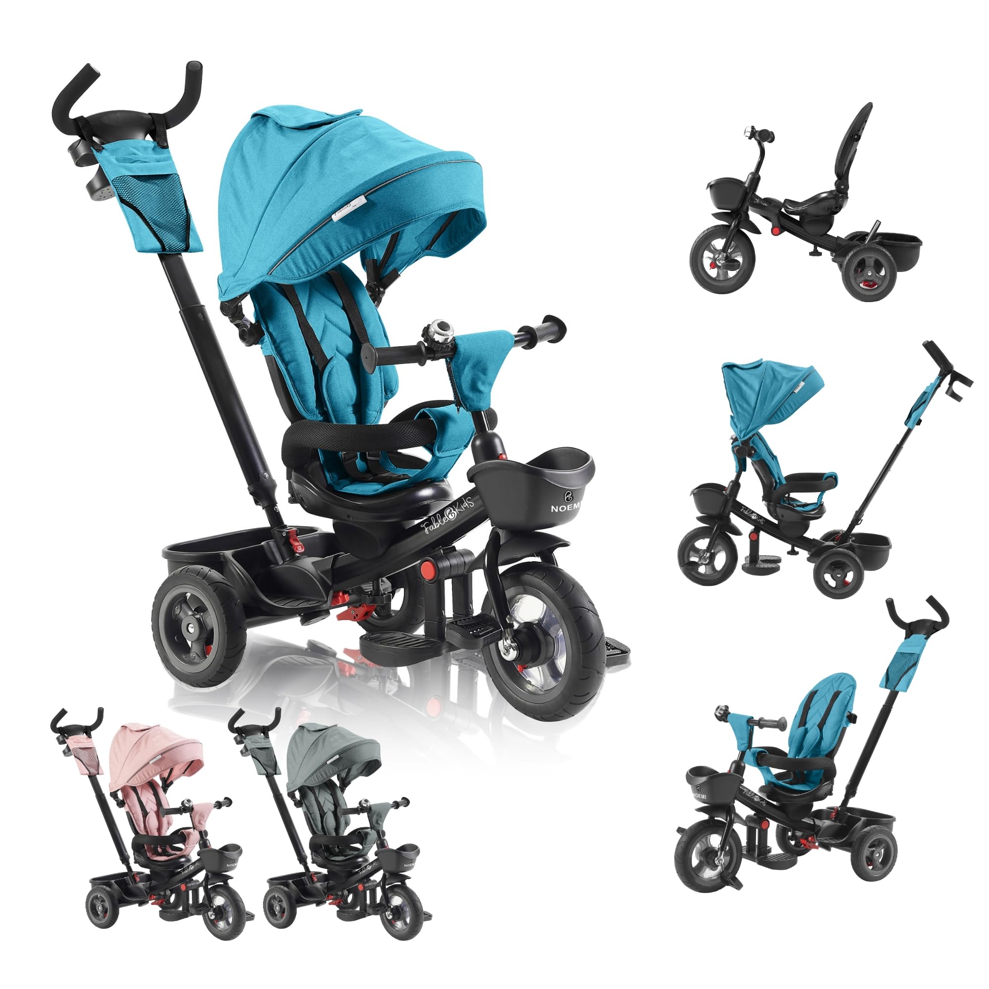 FableKids 5in1 Dreirad ab 9 Monate bis 25kg | Kinderdreirad mit Schubstange, 360° drehbarem Sitz, Verdeck mit Sonnenschutz, 3-Punkt-Gurt, PU-Reifen, Korb & Zubehör für Babys & Kleinkinder | Türkis