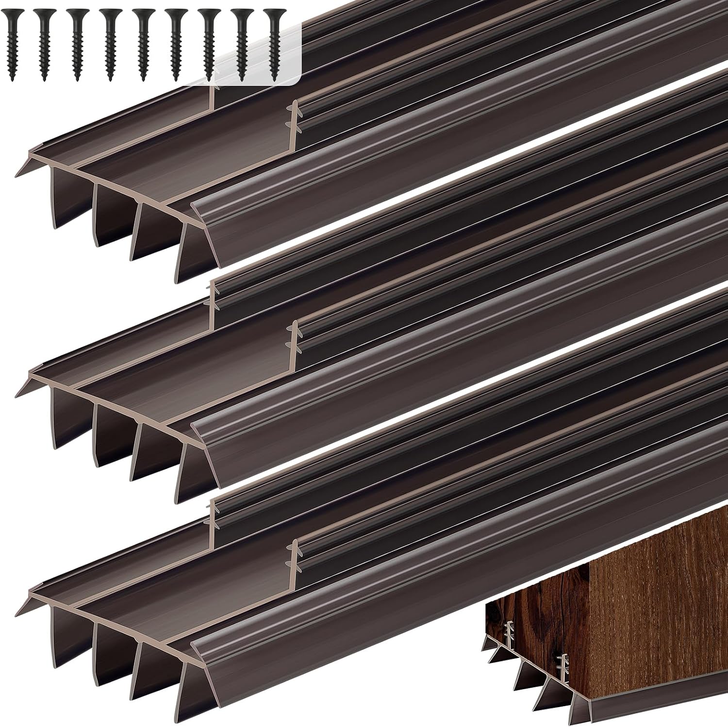 3PCS Replacement Door Bottom with Vinyl Fins 36" Long 1 3/4" Wide Threshold Seal Bottom of Door Weatherstrip Kerf Weather Stripping for 7/8" Between Barbs (Brown, Kerf Pre Cut)