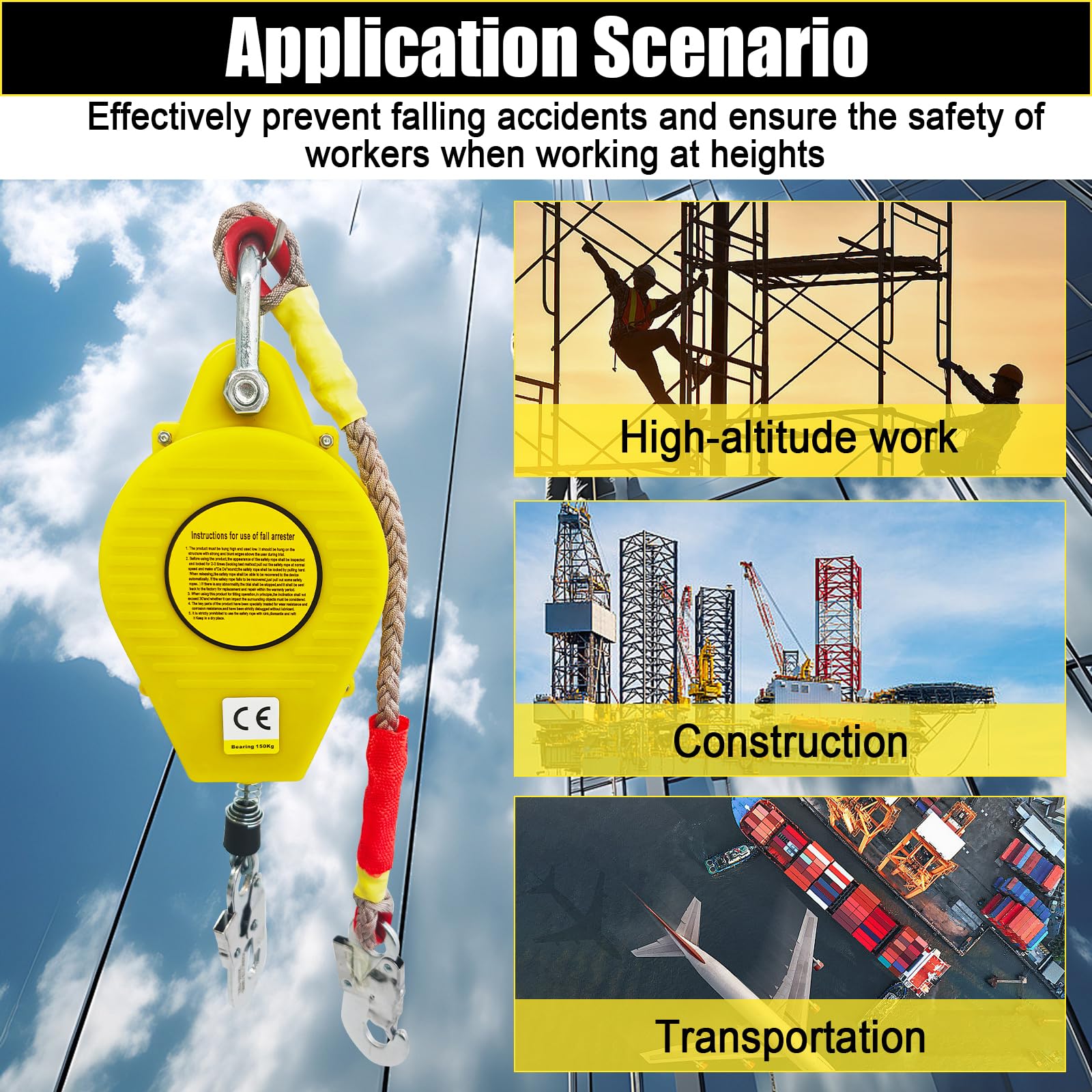Dispositivo Anticaida Retráctil 3-20m, Línea de Vida Retráctil con Gancho Autoblocante, Arnes Seguridad Trabajo Altura, Capacidad de Carga: 150kg, Certificación CE (Yellow, 15m)