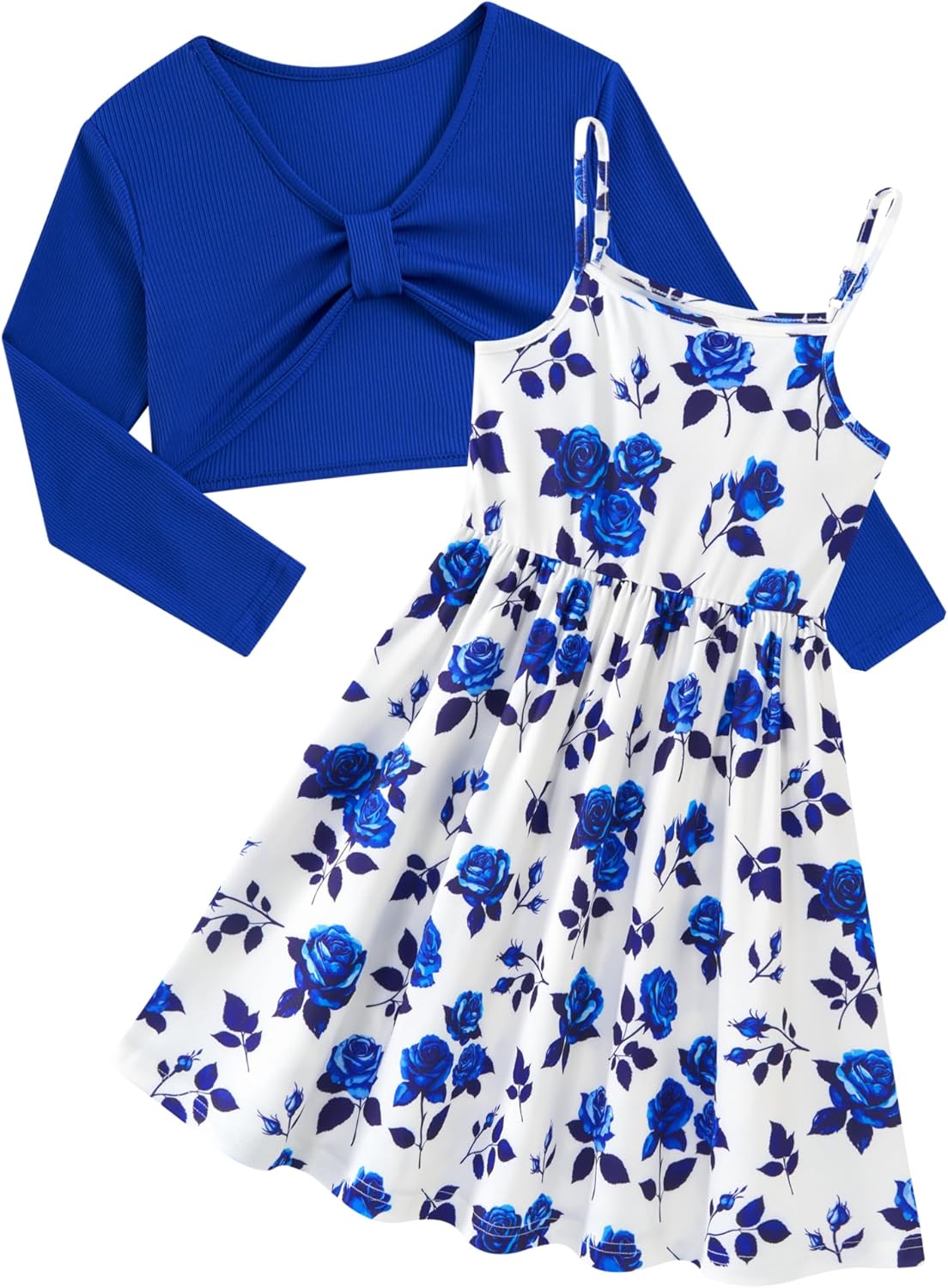 Girl's 2 Piece Outfit Printed Cami Dress with Long Sleeve Bow Crop Cardigan Set for 5-12 Years