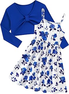 Girl's 2 Piece Outfit Printed Cami Dress with Long Sleeve Bow Crop Cardigan Set for 5-12 Years
