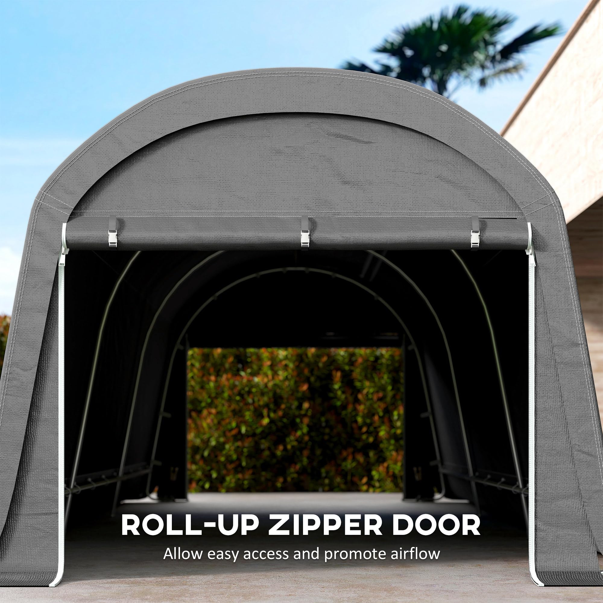 Outsunny 10' x 20' Portable Shed, Waterproof Motorcycle Bike Tent with Roll-up Zipper Door, Galvanised Steel Frame, Outdoor Storage Shed for Garden Tools, Dark Grey — view 5