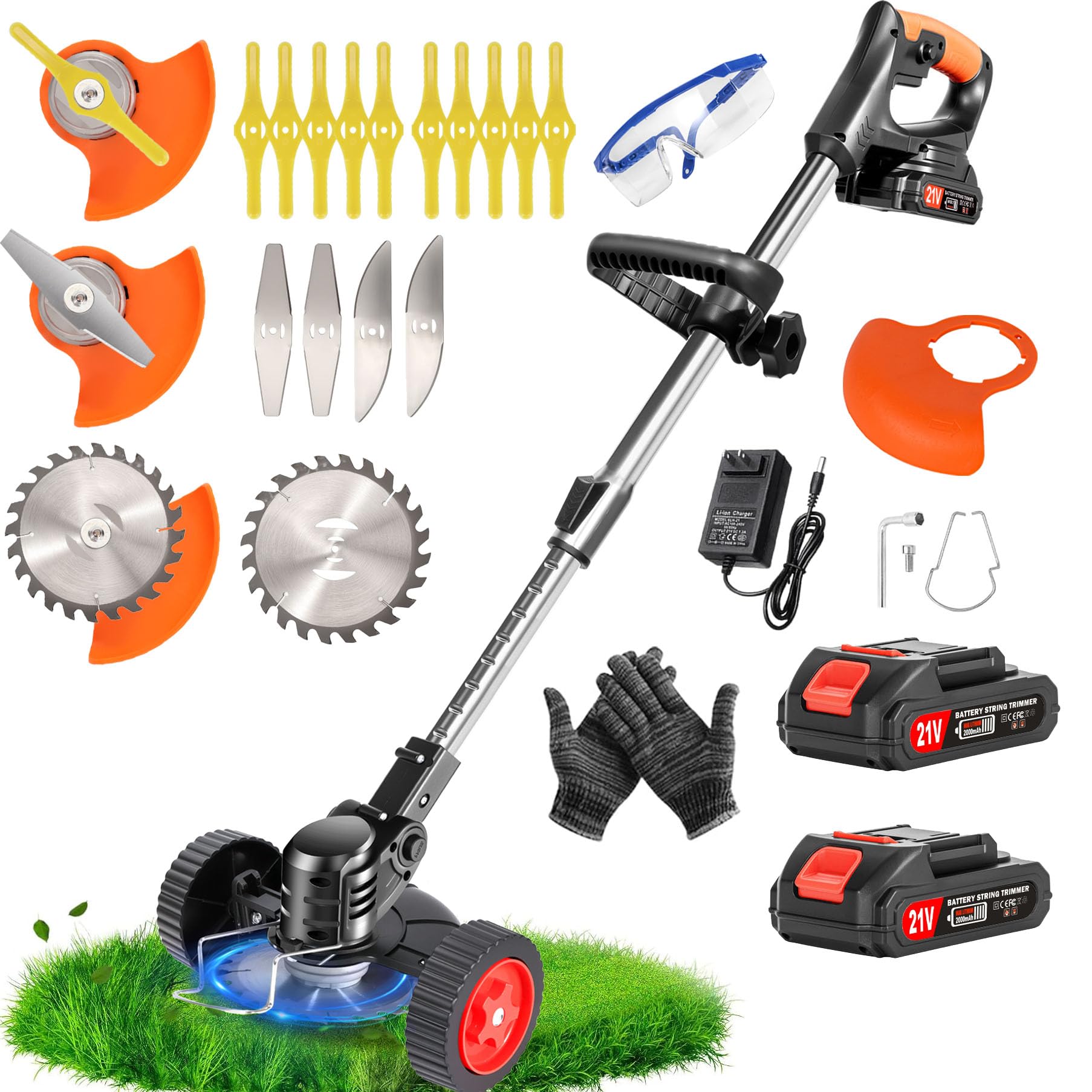 Desbrozadora eléctrica inalámbrica de 21 V, corte de borde inalámbrico con batería y cargador rápido y 4 tipos de cuchillas, desbrozadora de batería con rueda, ligera y de bajo ruido para jardín