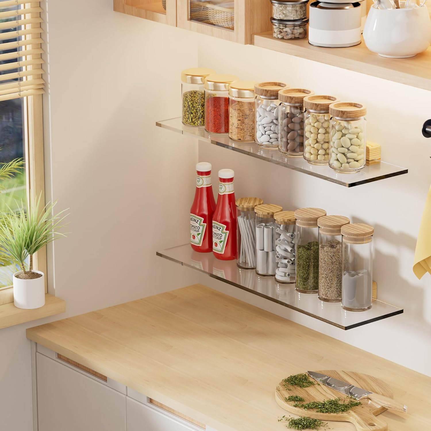 QsQueen Acrylic Floating Shelves with Solid Wood Base, Wall Mounted Shelf for Plants, Perfume, Nail Polish, Bathroom, Bedroom & Living Room Décor