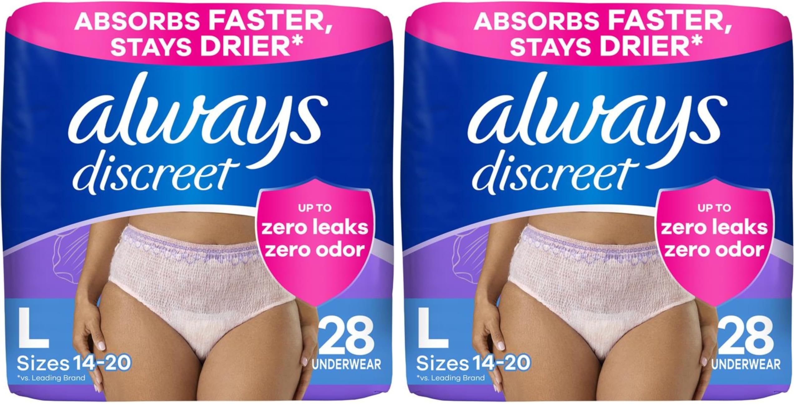 Always Discreet Adult Incontinence Underwear for Women and Postpartum Underwear, Large, Up to 100% Bladder Leak Protection, 28 Count (Pack of 2)