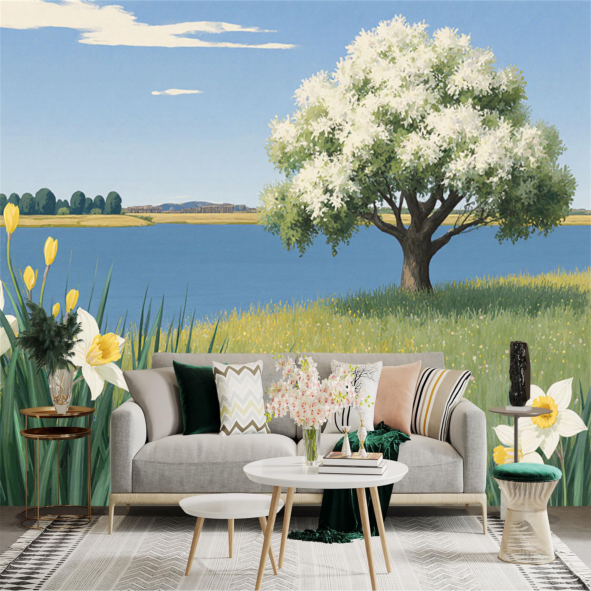Custom Size Wall Sticker Mural， White Blossoming Tree by Lakeside， Spring Meadow with Daffodils， Scenic Nature Landscape， for wall Decoration， peelandstick wall Decals.