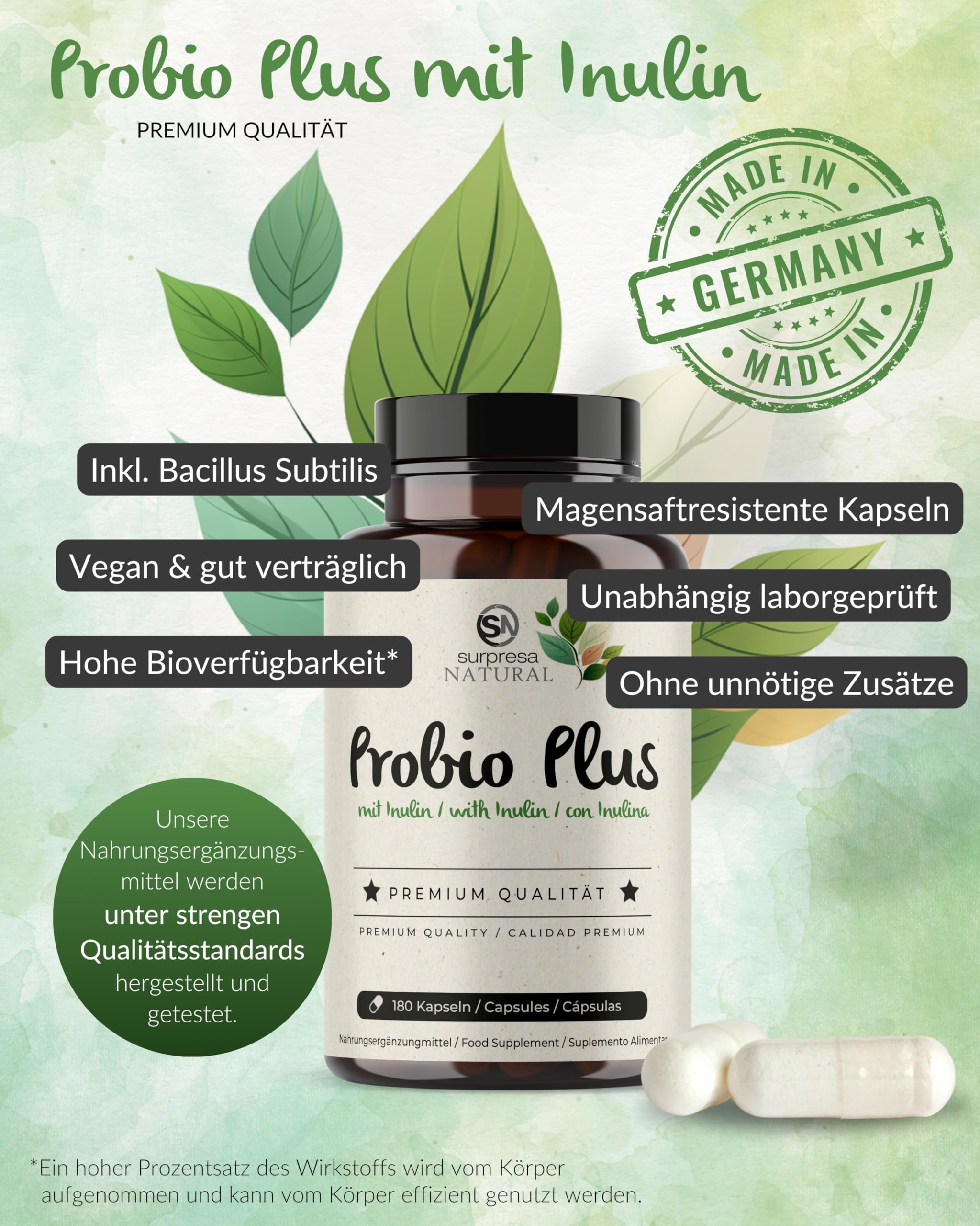 Probio Plus Kapseln hochdosiert I 3x 180 Kapseln mit Inulin & Bacillus subtilis I 20 Mrd. KBE pro Tag I Kulturen Komplex 18 Bakterienstämme I magensaftresistent & vegan