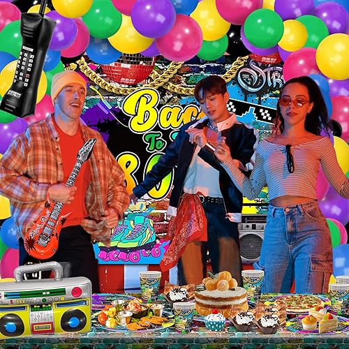 Miniatura 5 de Decoraciones de cumpleaños de los años 80, 280 piezas, globos de fondo de regreso a los años 80 y 90, platos de hip hop, servilletas, tazas,