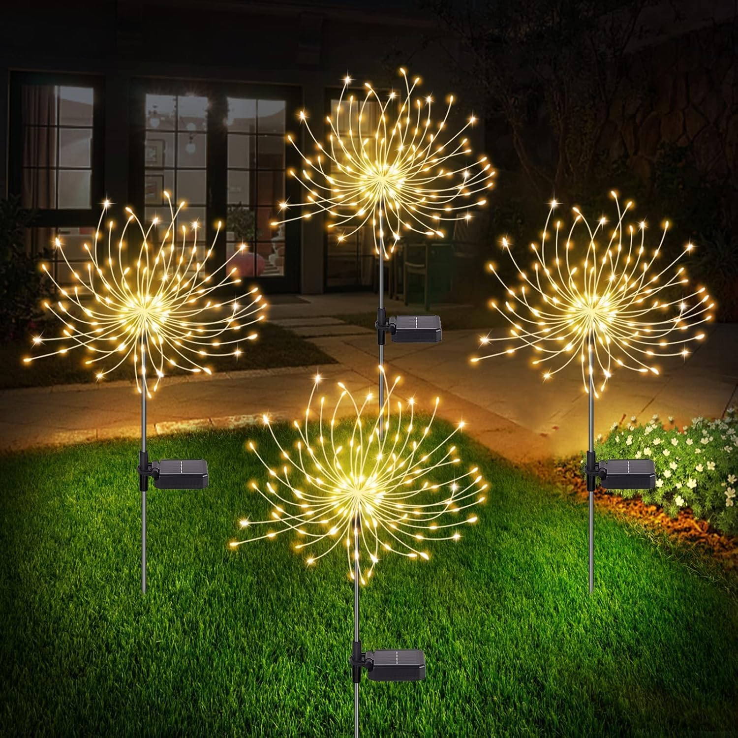 Maleyt Solar Garden Lights - 4 Pack 120 LED Starburst Lights, Outdoor Waterproof, 18 Hrs Working Time, Decor for Courtyard, Garden, Christmas Party (Warm White) (Warm White)