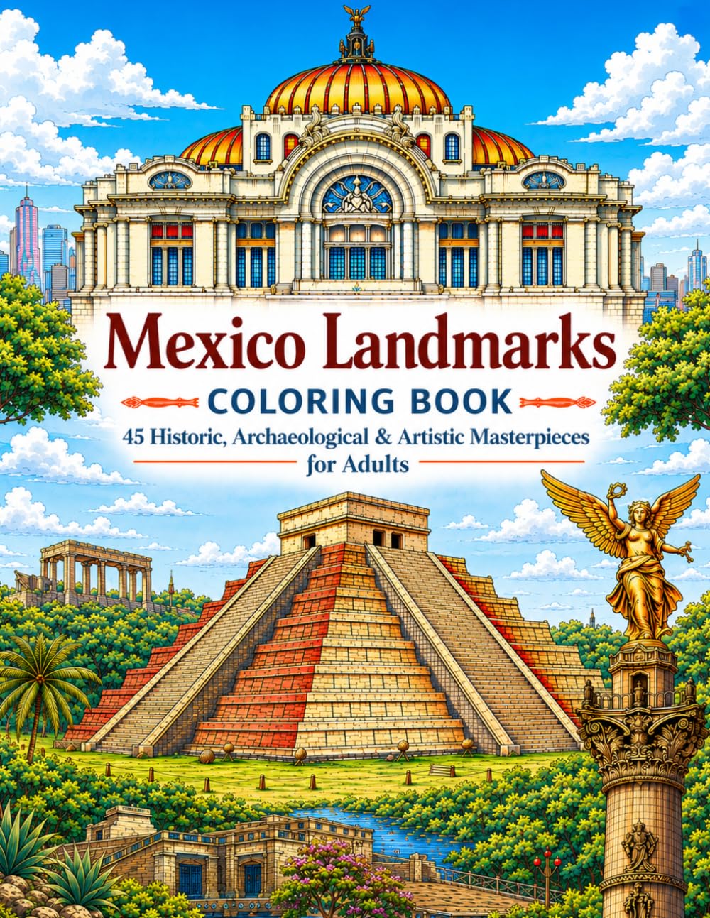 Mexico Landmarks Coloring Book: 45 Historic, Archaeological & Artistic Masterpieces for Adults