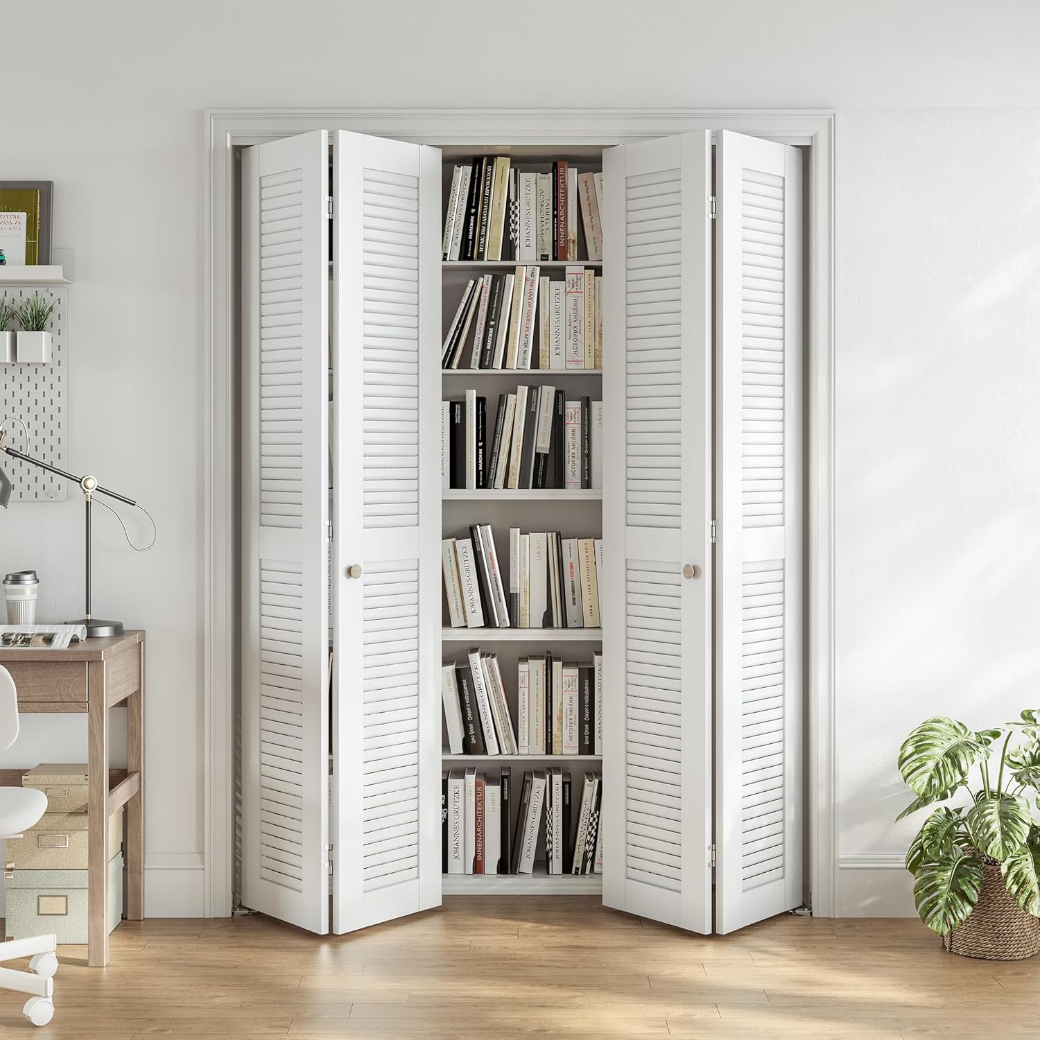SMARTSTANDARD 60x80 Inch Louvered Bifold Closet Door, Pre-Assembled Folding Doors with Complete Hardware Kit, Easy Installation for Bedroom & Pantry, White MDF PVC Surface