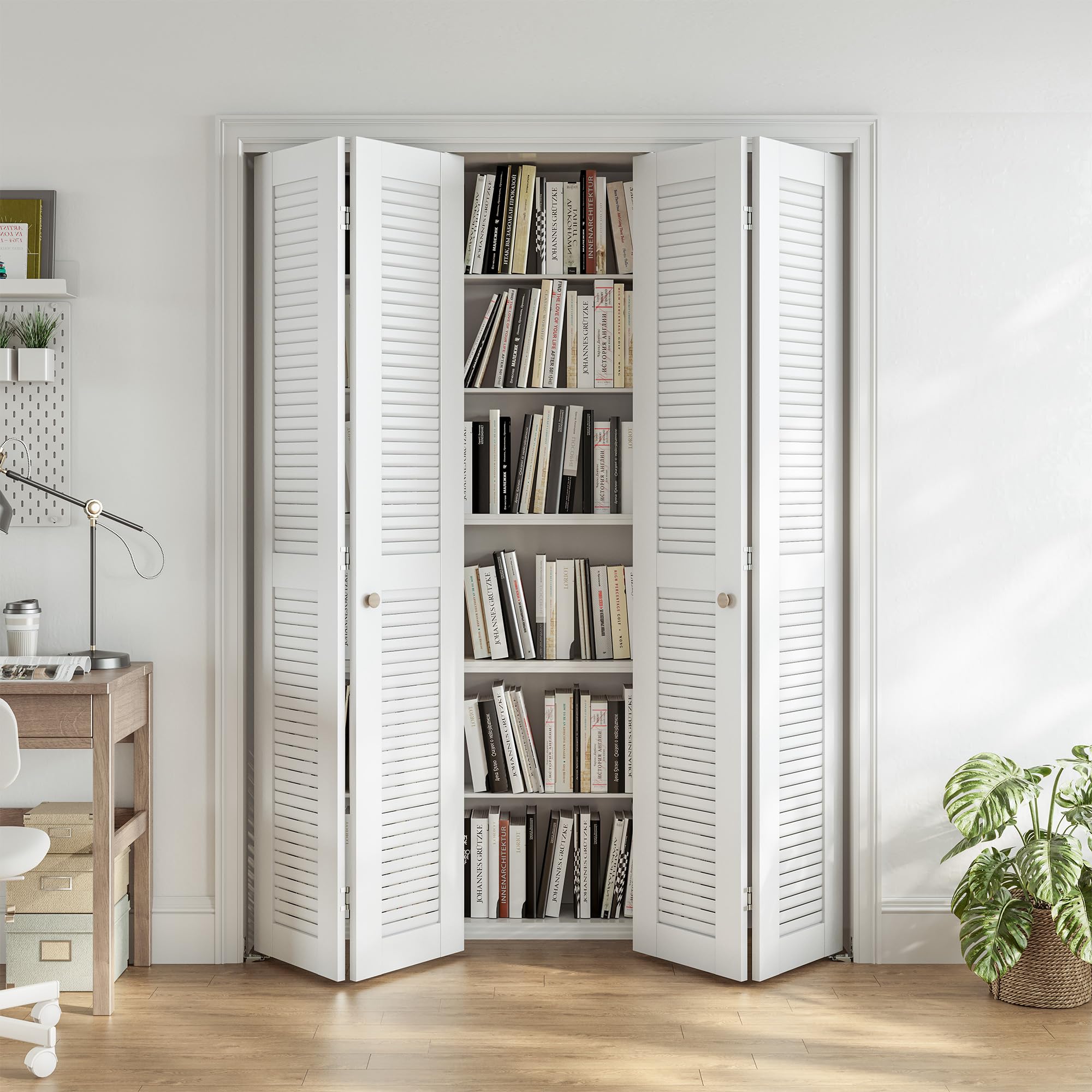 Photo 1 of SMARTSTANDARD 60x80 Inch Louvered Bifold Closet Door, Pre-Assembled Folding Doors with Complete Hardware Kit, Easy Installation for Bedroom & Pantry, White MDF PVC Surface