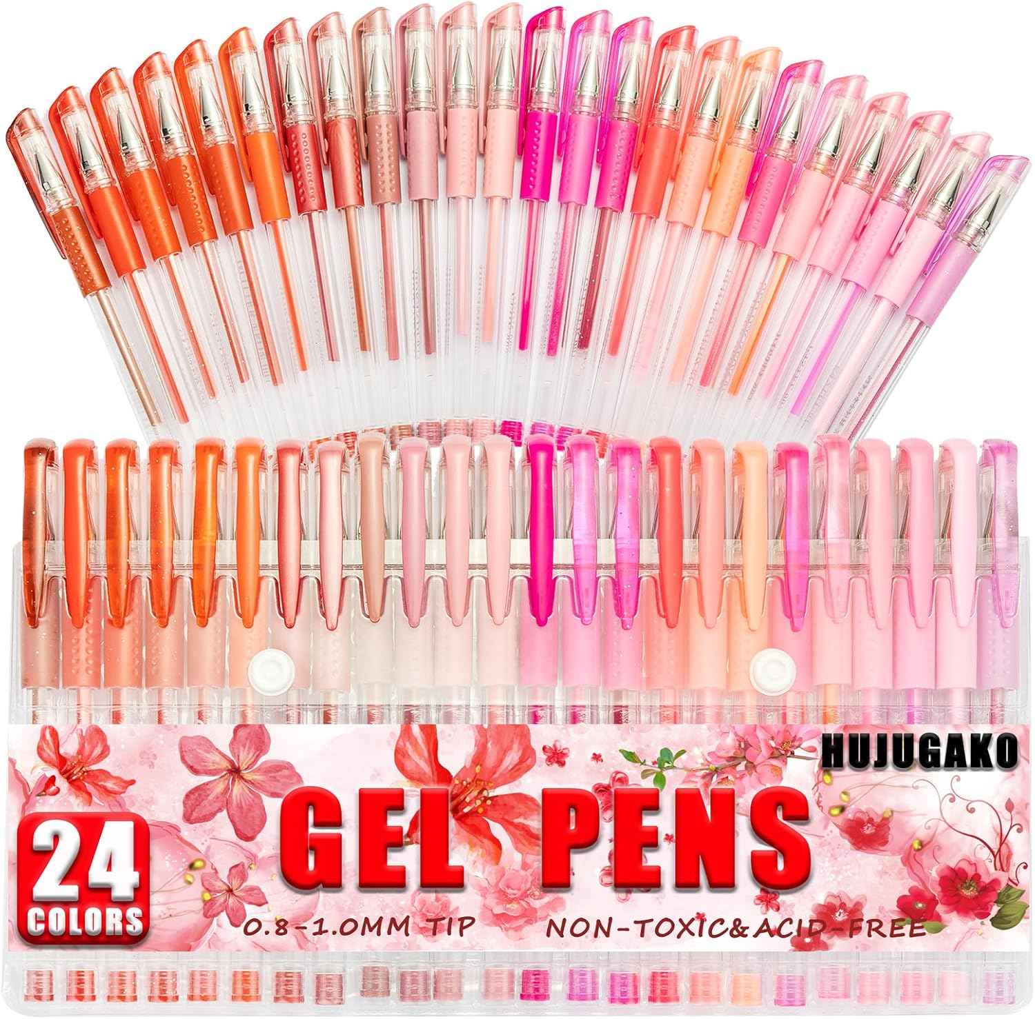 HUJUGAKO 48 Pack Red Pink Gel Pens, 24 Colored Gel Pen with 24 Refills,40 More Ink