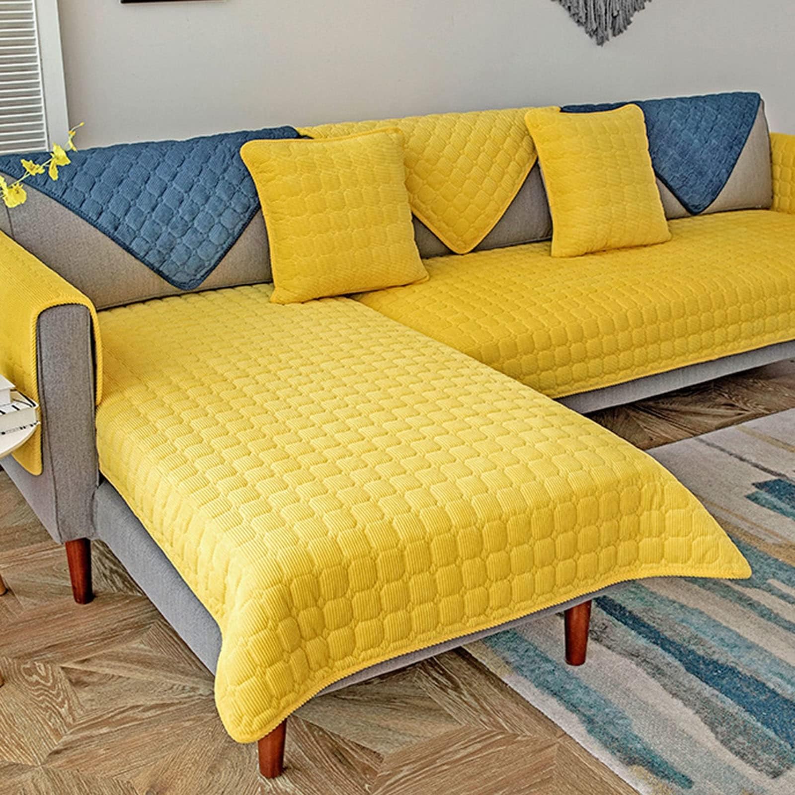 Couverture de canapé en L jaune 110x240cm antidérapante lavable Konsilsa