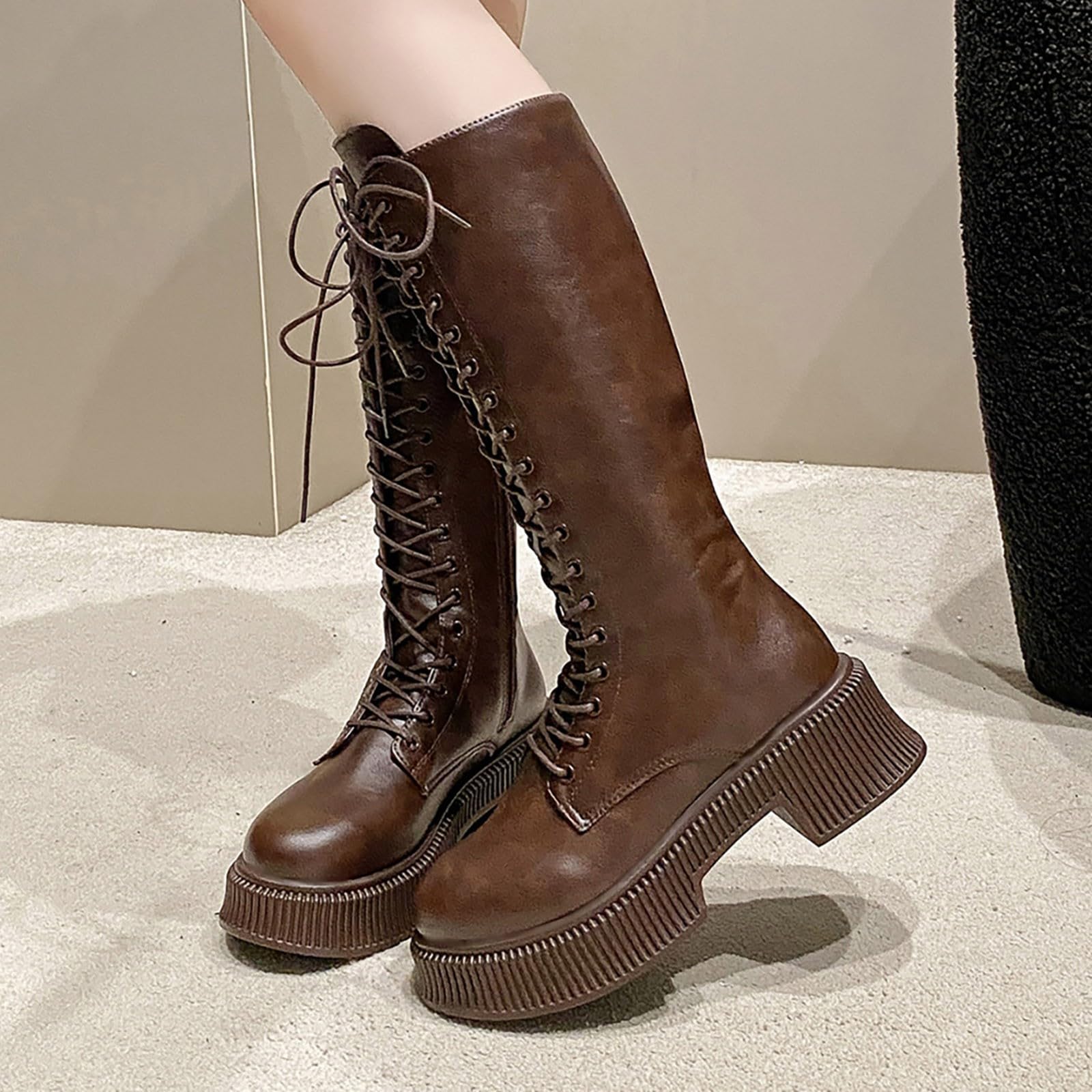 Stivali alti al ginocchio, da donna, con plateau lungo, da moto, con tacco piatto, con chiusura a strappo, in pelle, per autunno e inverno